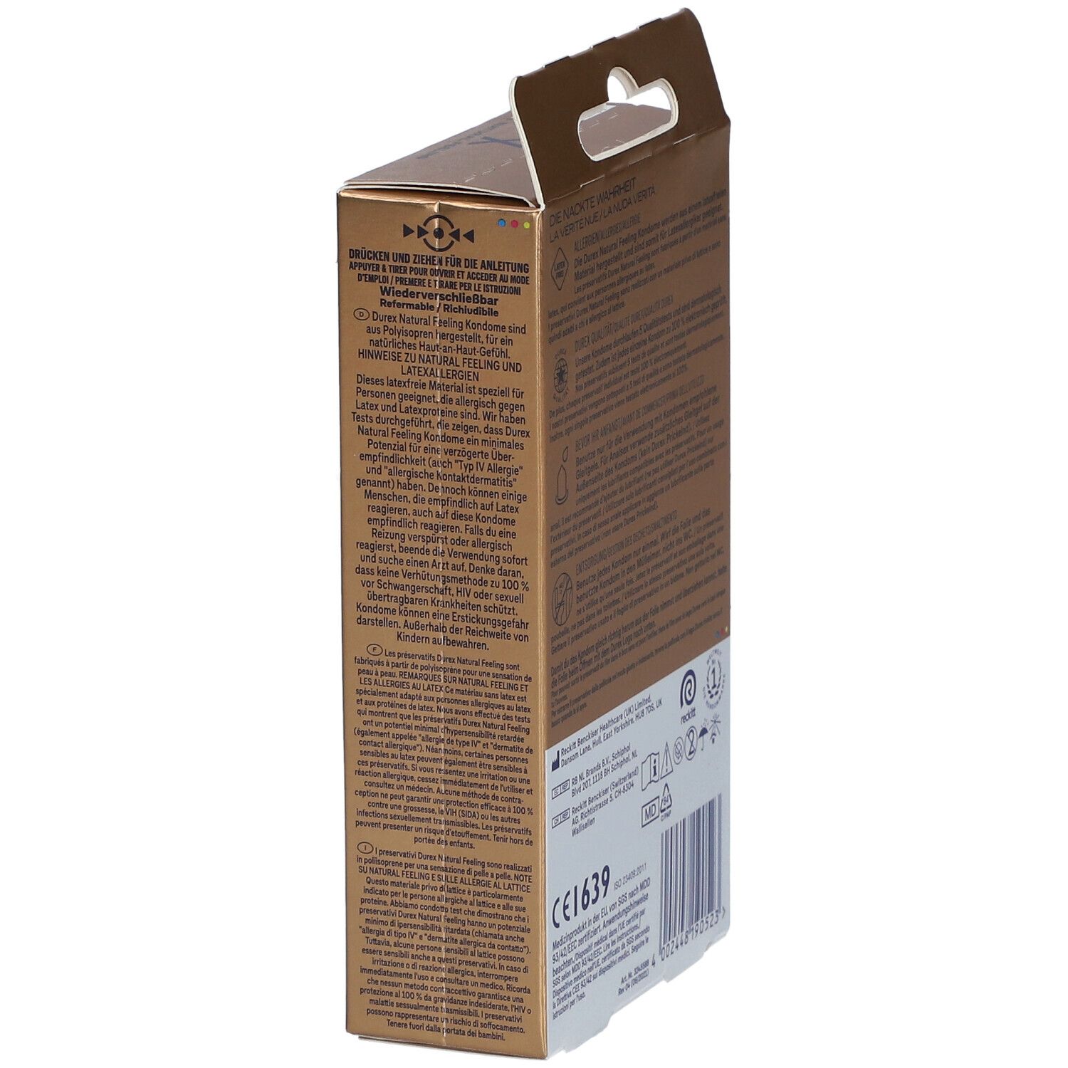 Boîte dorée de préservatifs Durex Natural Feeling. Texte et logos. Marquage CE1639.