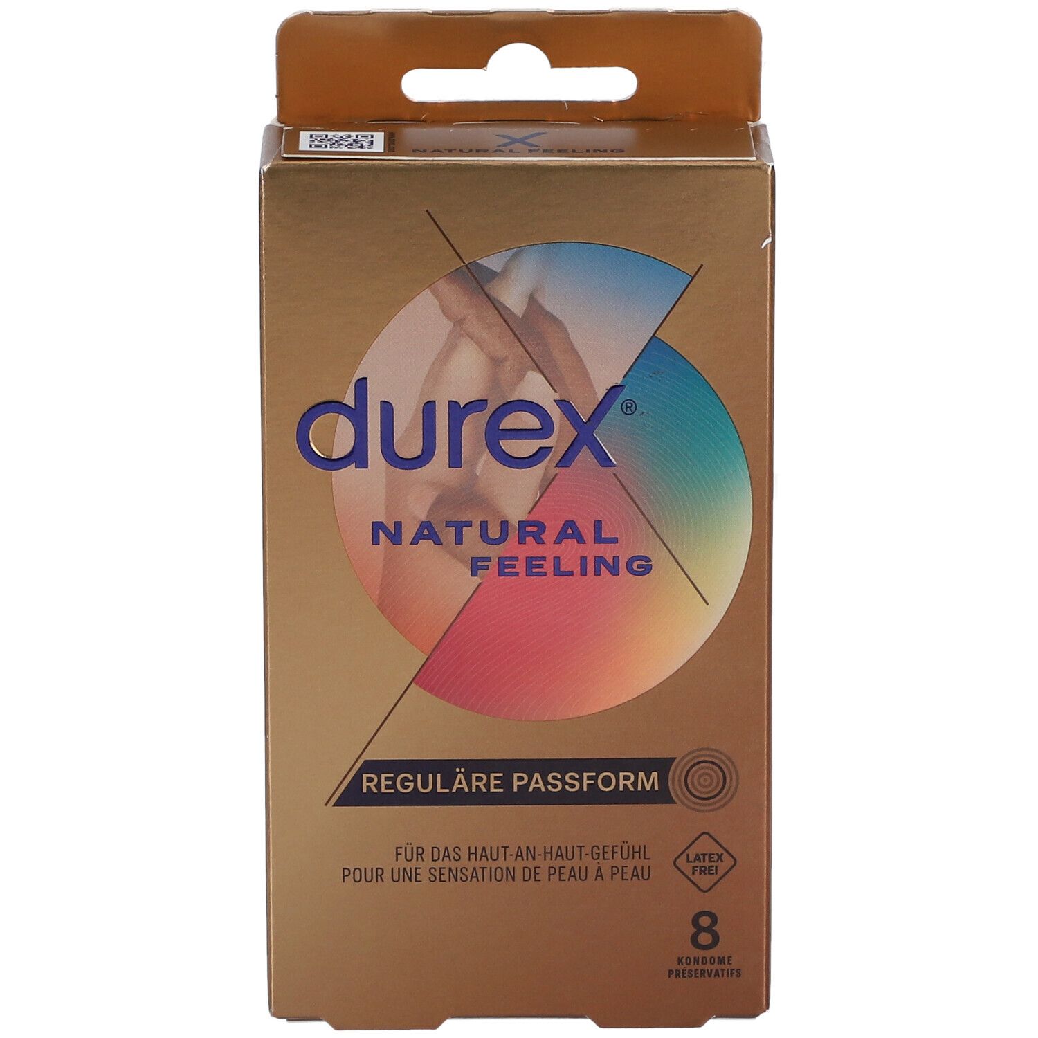 Boîte dorée de préservatifs Durex Natural Feeling. Inscription : Ajustement régulier, 8 unités, sans latex.