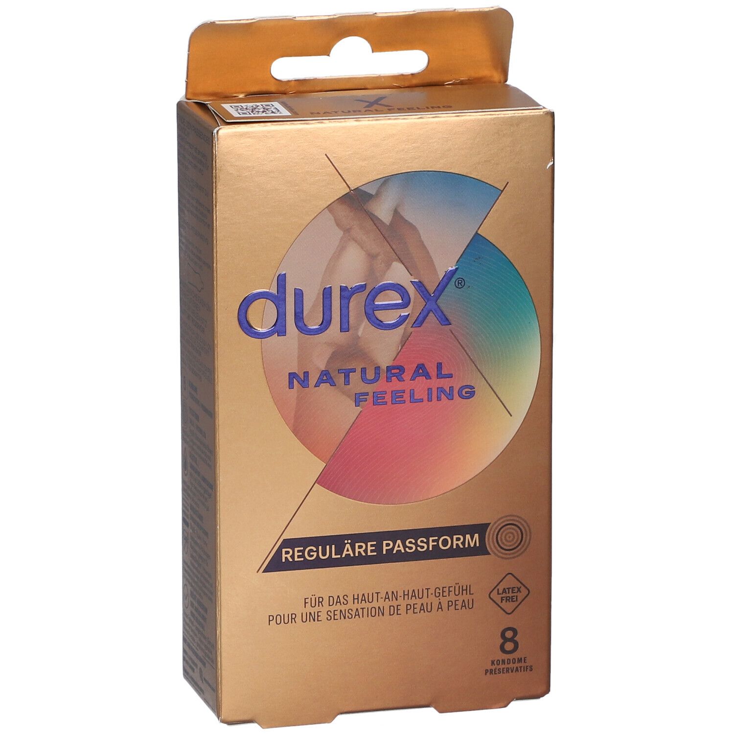 Boîte dorée de préservatifs Durex Natural Feeling. Inscription : Ajustement régulier, 8 unités, sans latex.