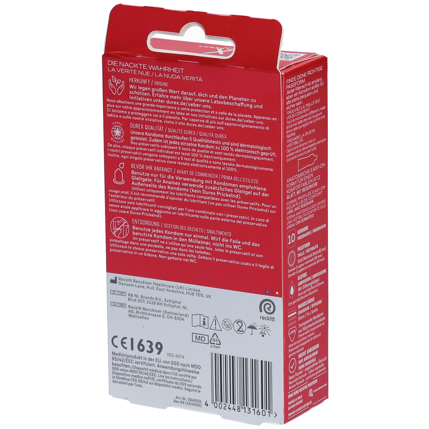 Rückseite der Durex Gefühlsecht XXL Packung. Rote Verpackung mit Produktinformationen, CE-Kennzeichnung und 10 Kondomen.