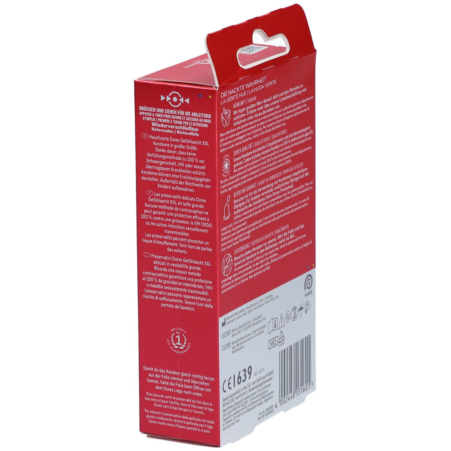 Durex Gefühlsecht XXL Packung, Seitenansicht. Rote Verpackung mit Produktinformationen, CE-Kennzeichnung und 10 Kondomen.