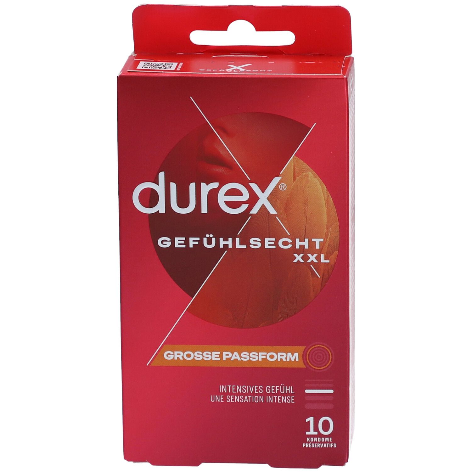 Durex Gefühlsecht XXL Packung. Rote Verpackung mit Produktbezeichnung und 10 Kondomen. Große Passform.