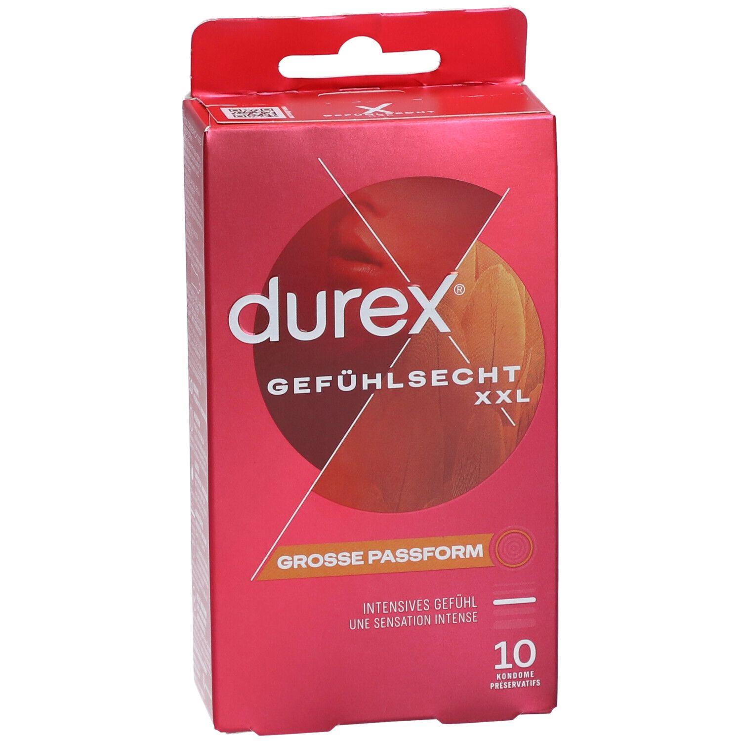 Durex Gefühlsecht XXL Packung. Rote Verpackung mit Produktbezeichnung und 10 Kondomen. Große Passform.