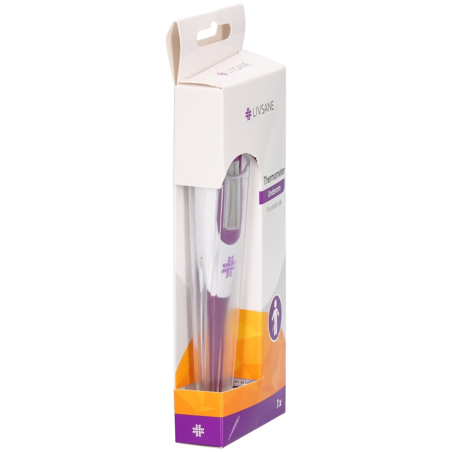 LIVSANE Thermometer Unterarm. Lila und weiße Verpackung mit digitalem Thermometer.