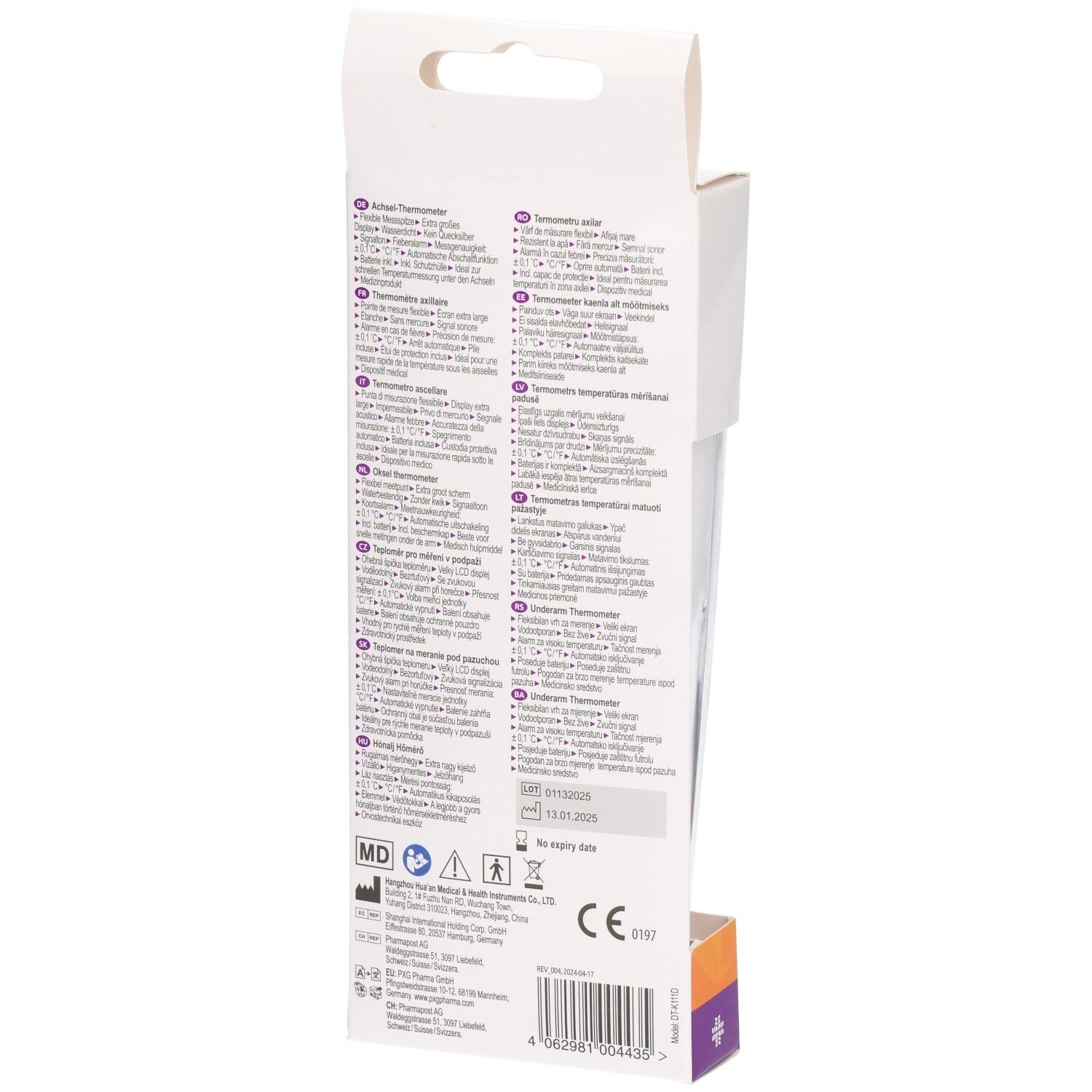 Verpackung eines Fieberthermometers mit Symbolen für Messgenauigkeit und Schnelligkeit.