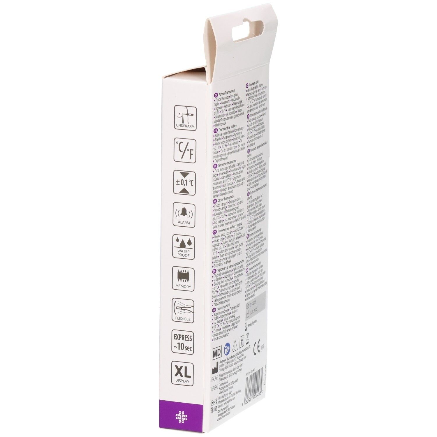 Verpackung eines Fieberthermometers mit Symbolen für Messgenauigkeit und Schnelligkeit.