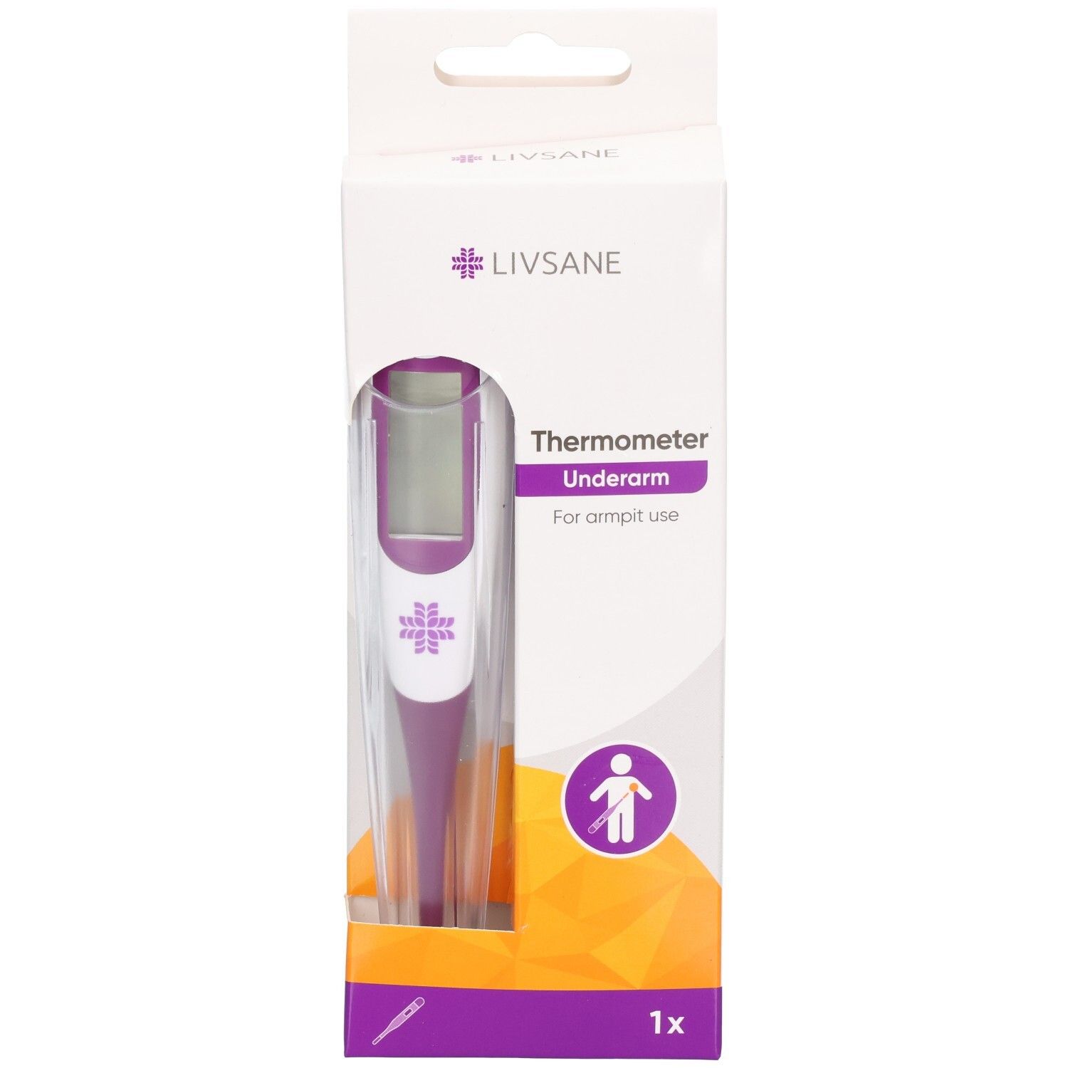 Digitale Fieberthermometer in Lila und Weiß, für die Achselhöhle.