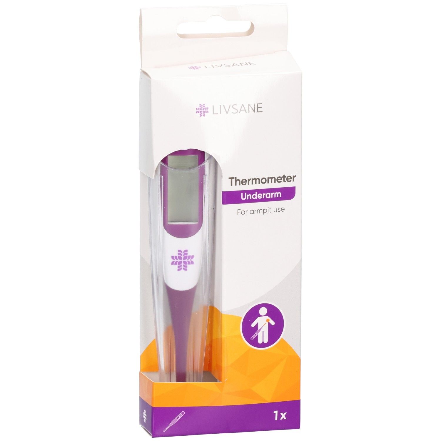 Digitale Fieberthermometer in Lila und Weiß, für die Achselhöhle.