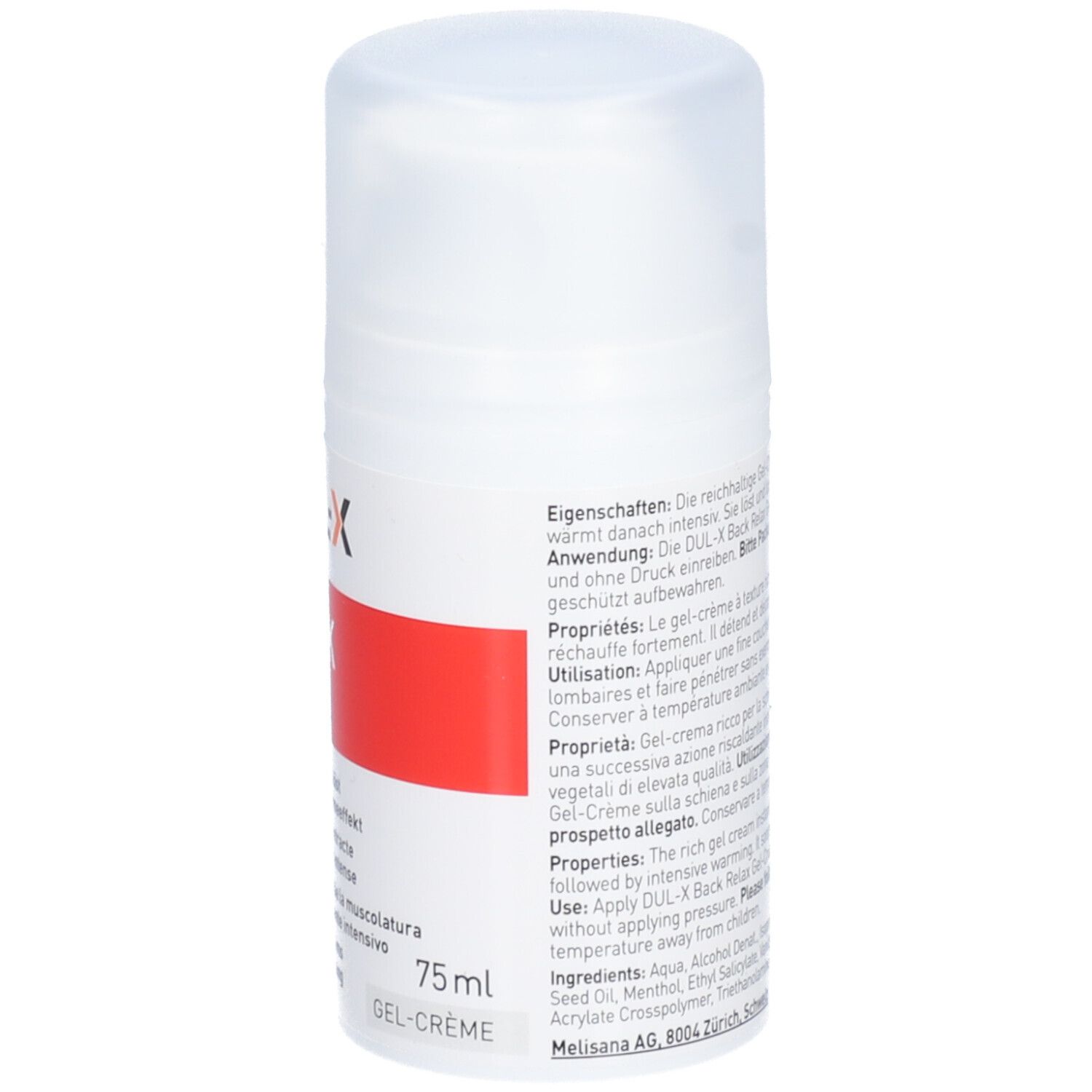 Rückseite des weißen Spenders. Text in mehreren Sprachen. DUL-X, BACK, RELAX. 75 ml. Gel-Creme.