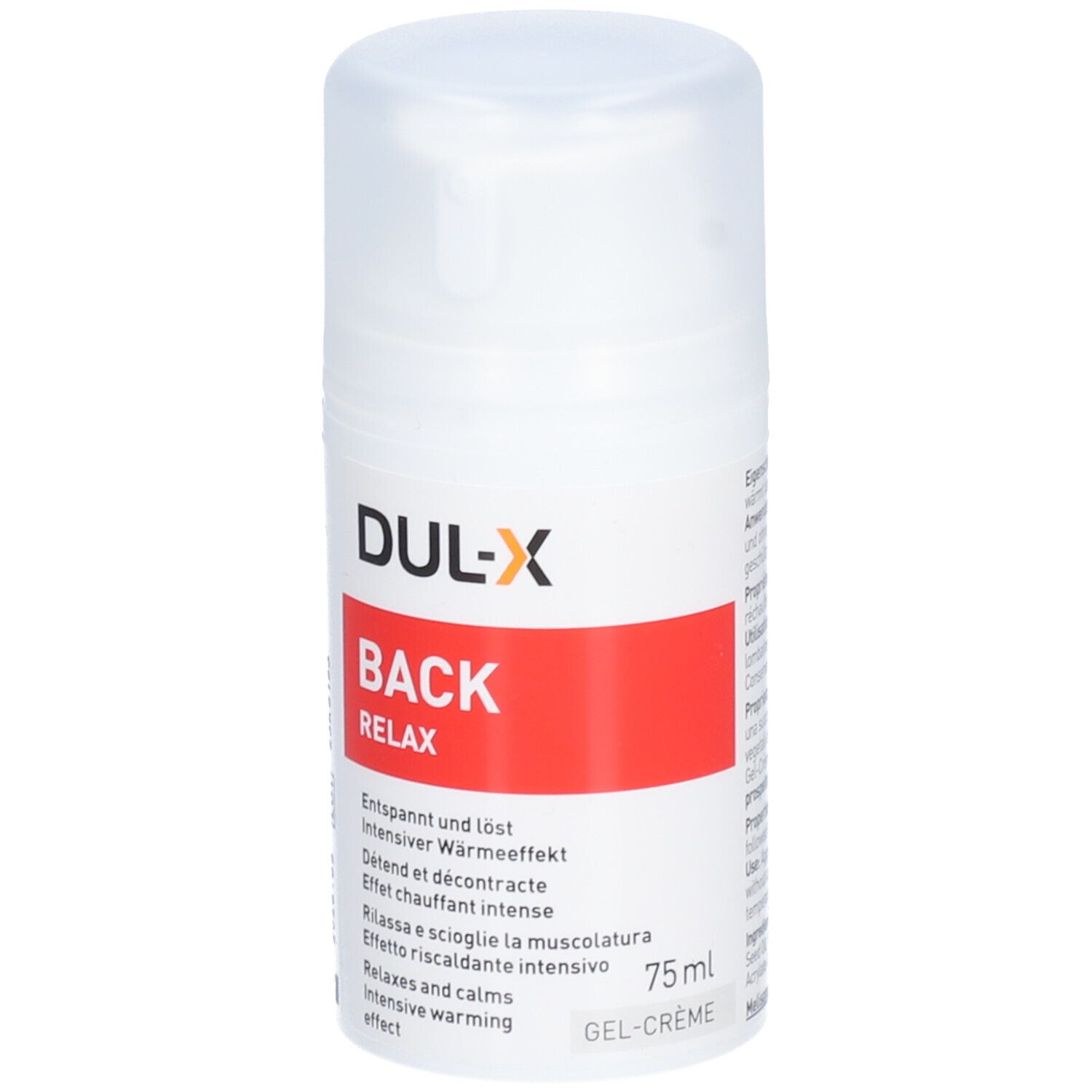 Weißer Spender mit DUL-X, BACK, RELAX-Aufdruck. Roter Streifen mit Text. Gel-Creme. 75 ml.