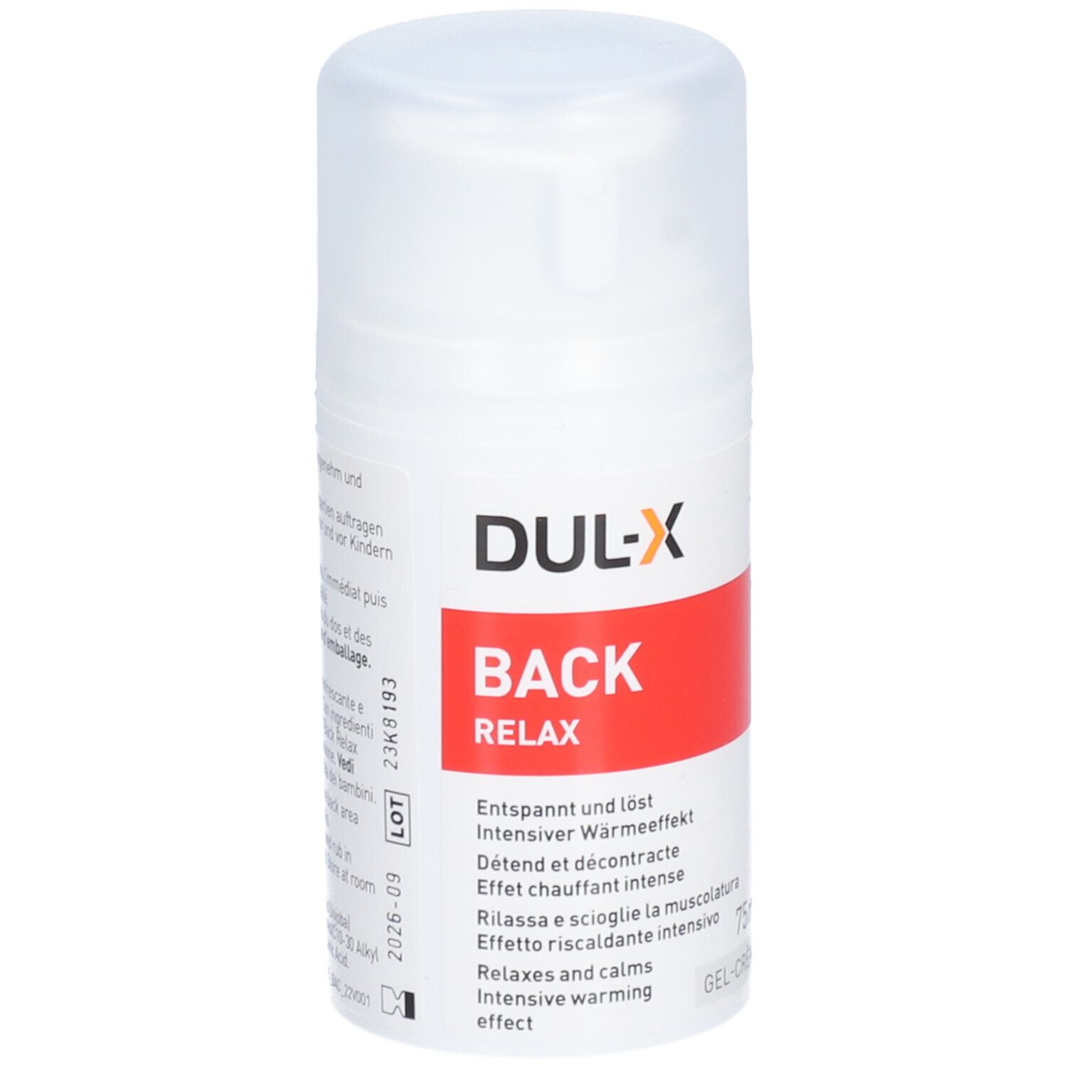 Weißer Spender mit DUL-X, BACK, RELAX-Aufdruck. Roter Streifen mit Text. Gel-Creme. 75 ml.