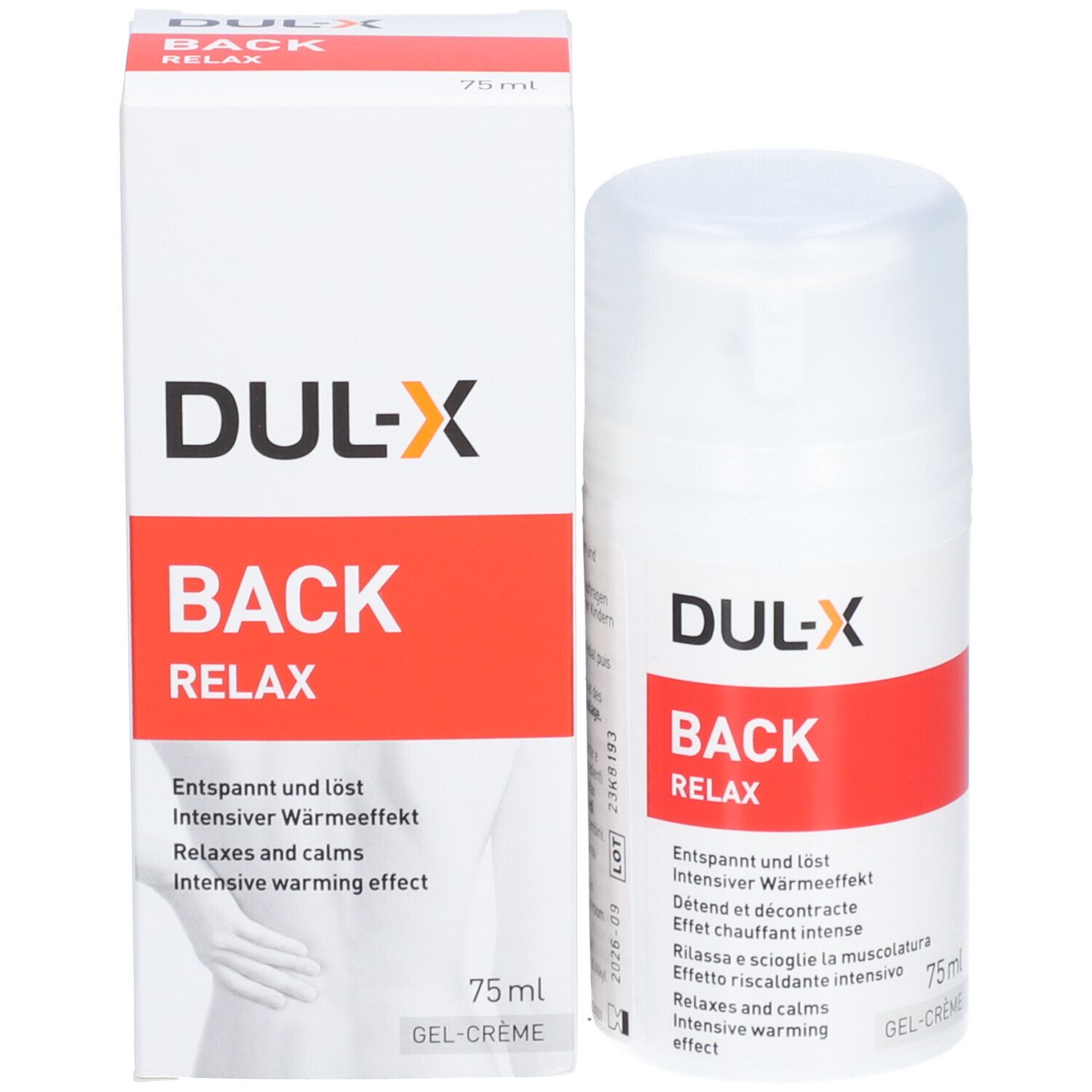 Produkt und Verpackung. Weißer Spender und Schachtel. DUL-X, BACK, RELAX. 75 ml. Gel-Creme.