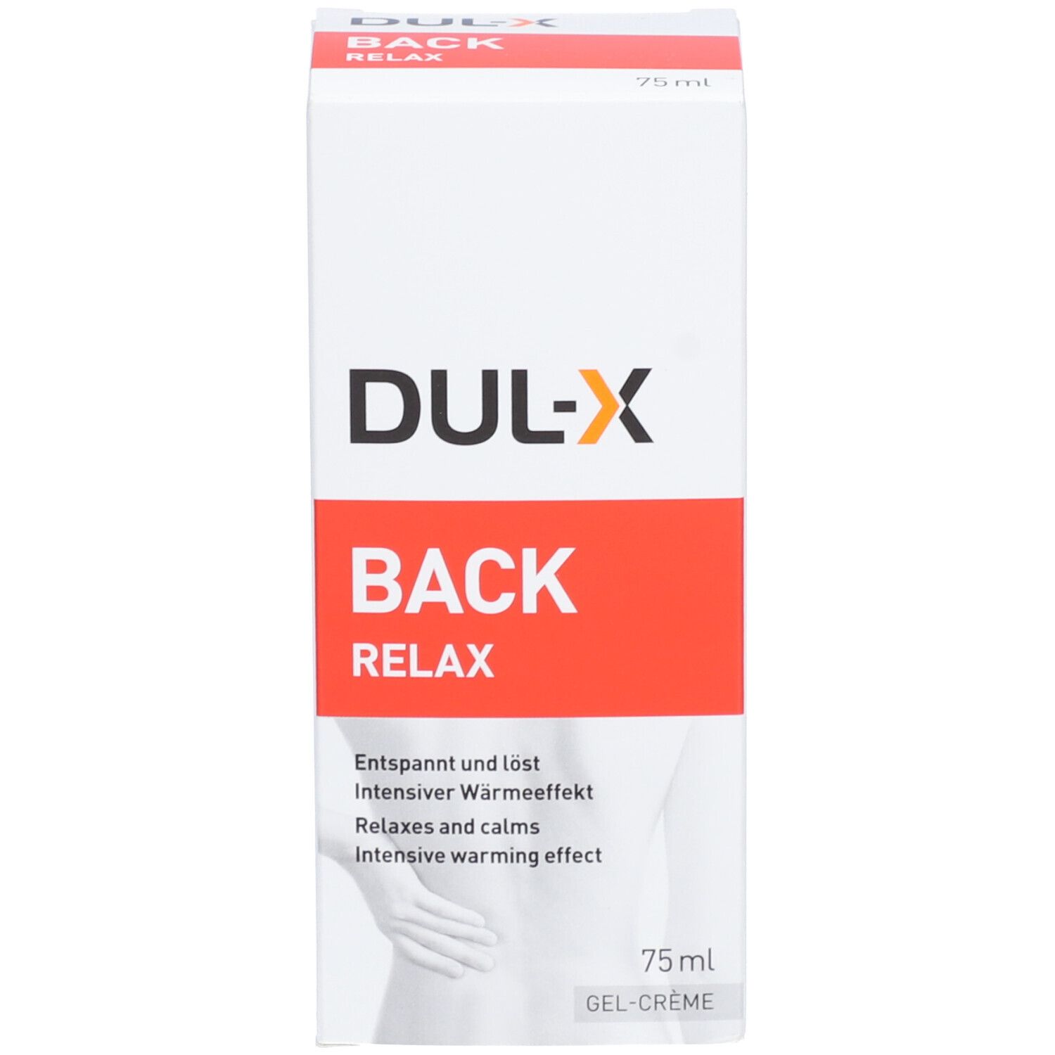 Verpackung. Weiße Schachtel mit DUL-X, BACK, RELAX. 75 ml. Gel-Creme. Abbildung des Rückens.