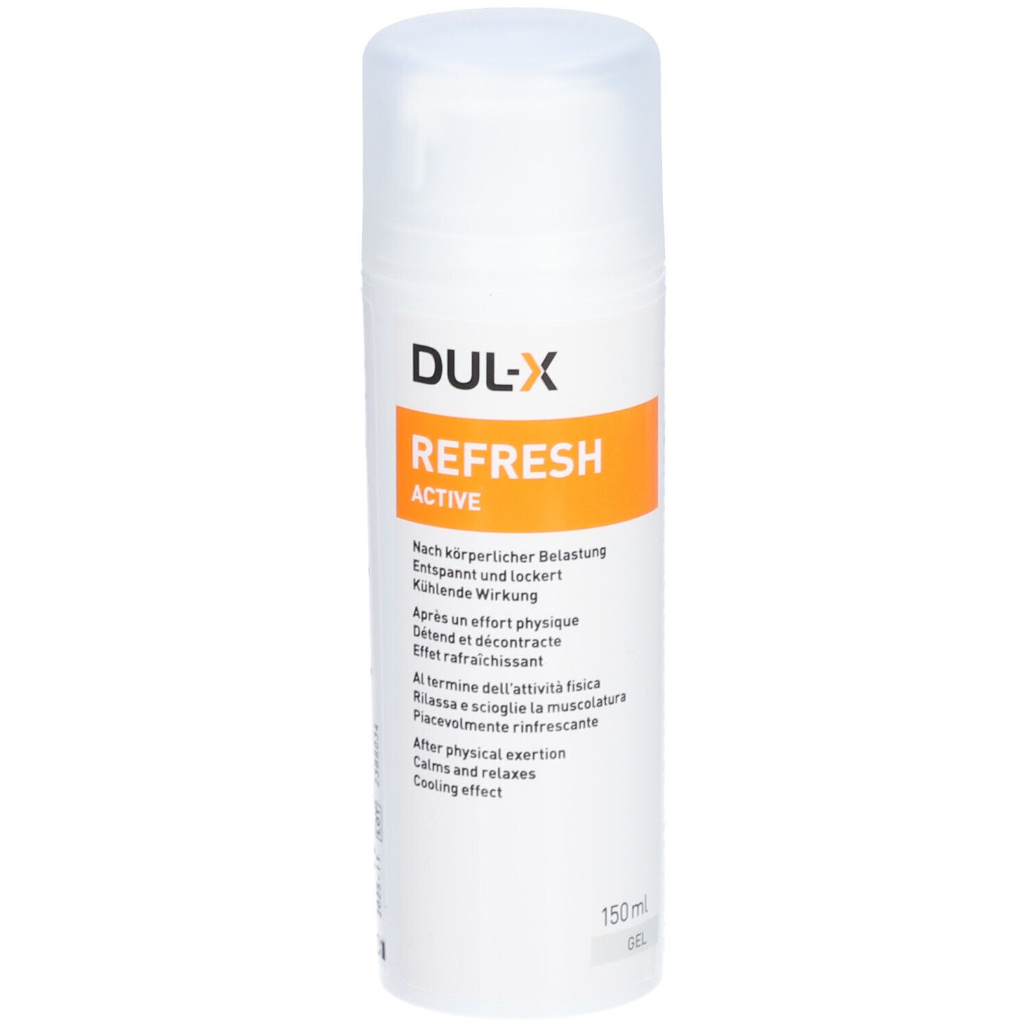 Weißer Spender mit DUL-X REFRESH ACTIVE. Orangefarbener Streifen mit Text. 150ml. Kühlende Wirkung.