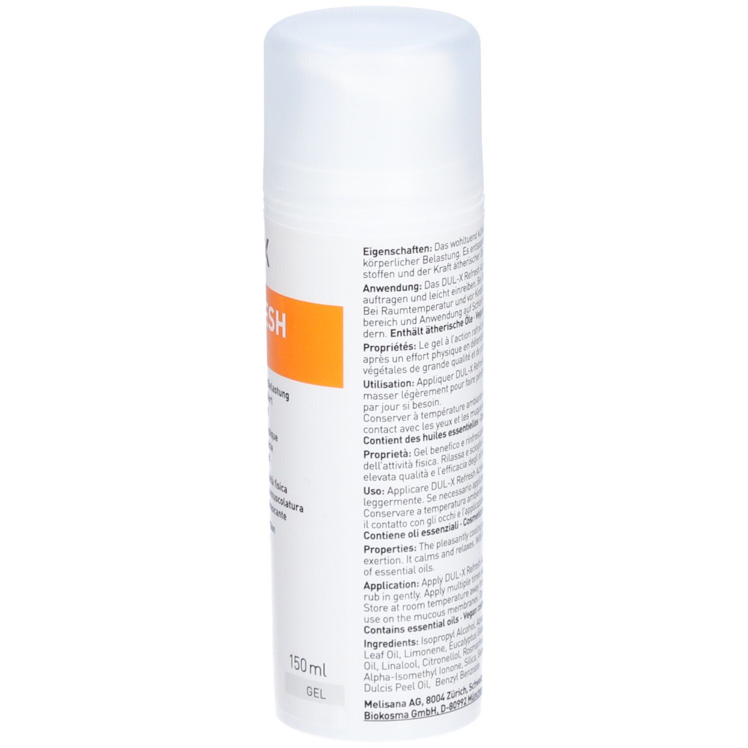 Weißer Spender mit DUL-X REFRESH. Orangefarbener Streifen mit Text. 150ml. Gel. Enthält ätherische Öle.