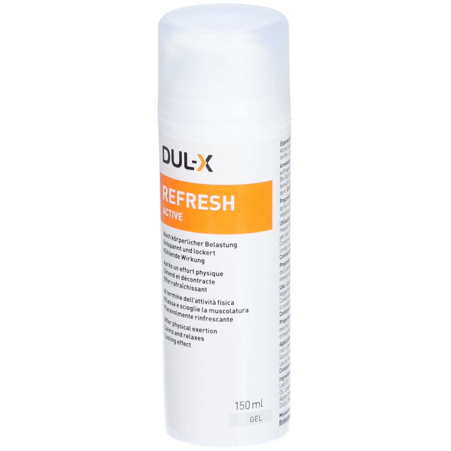 Weißer Spender mit DUL-X REFRESH ACTIVE. Orangefarbener Streifen mit Text. 150ml. Kühlende Wirkung.