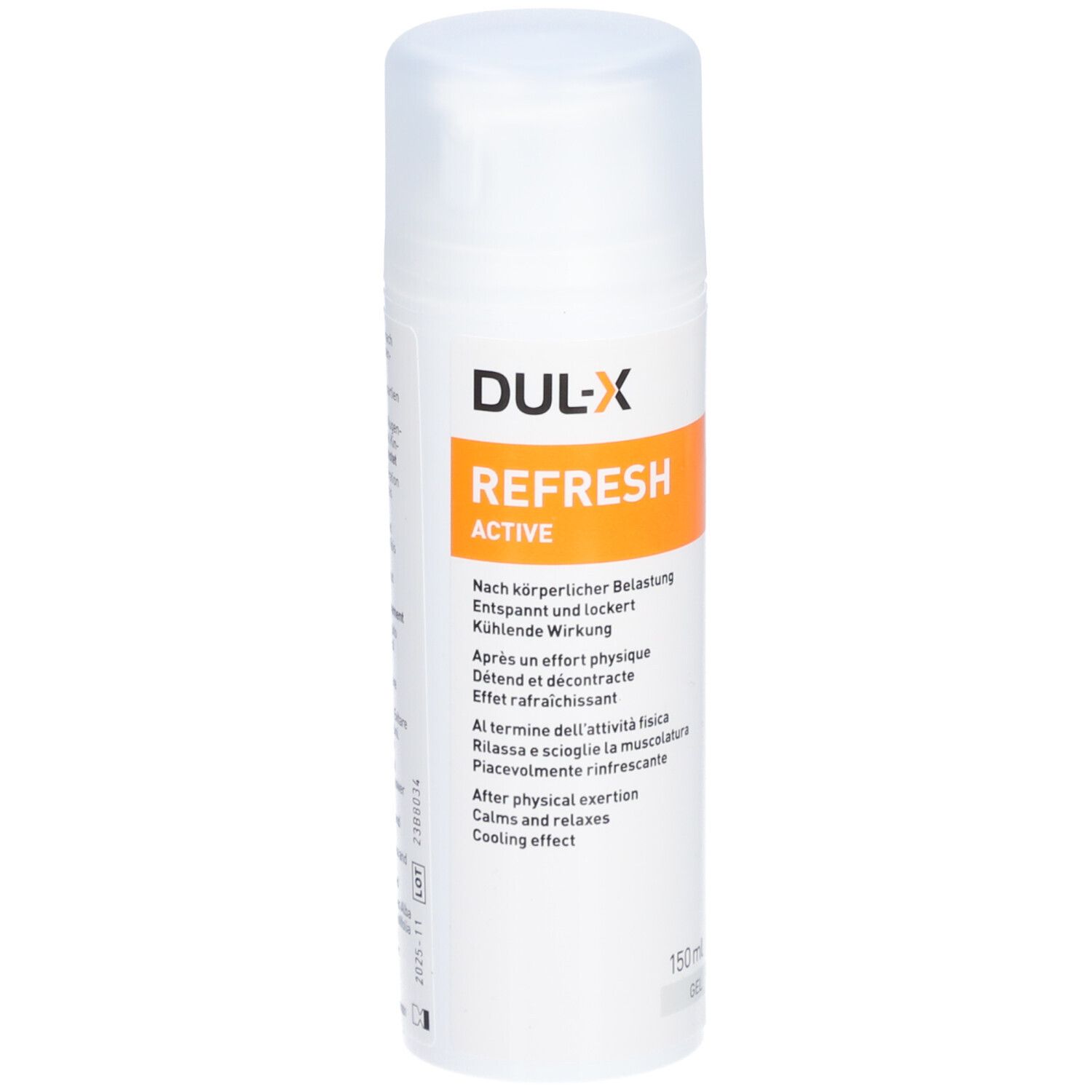Weißer Spender mit DUL-X REFRESH ACTIVE. Orangefarbener Streifen mit Text. 150ml. Kühlende Wirkung.