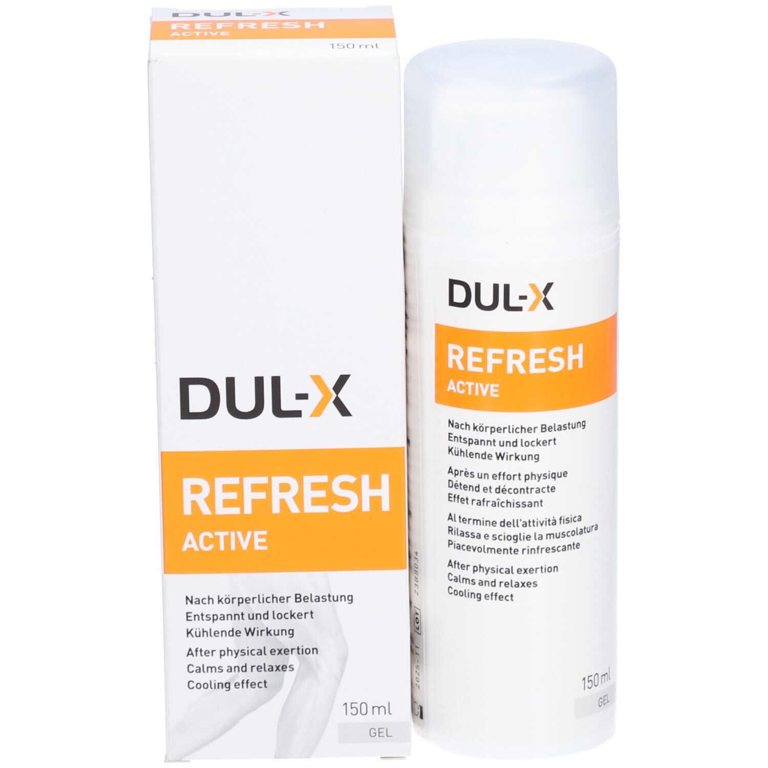 DUL-X REFRESH ACTIVE und Verpackung. Weiß mit orangefarbenem Streifen. 150ml. Gel. Kühlende Wirkung.