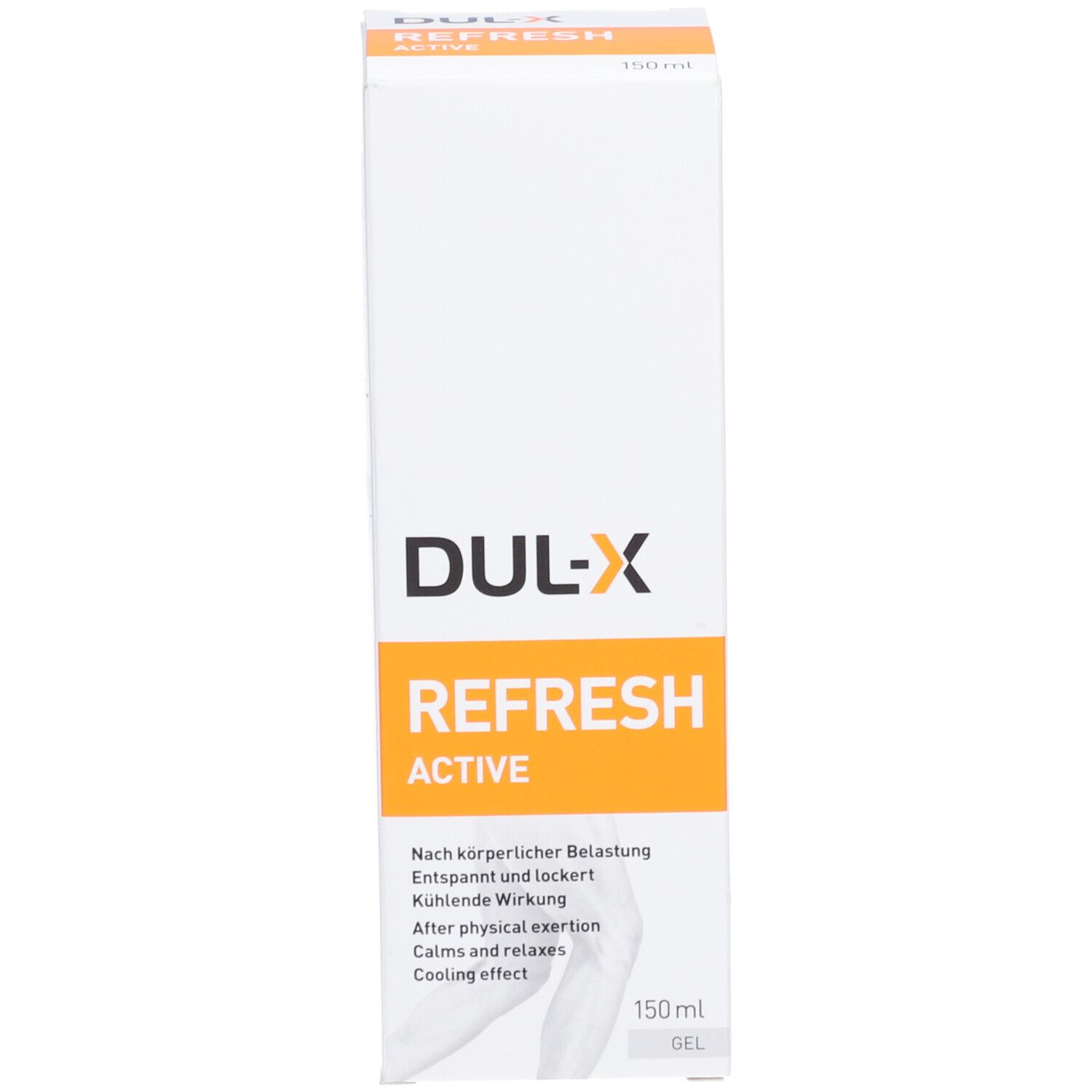 Verpackung von DUL-X REFRESH ACTIVE. Weiß mit orangefarbenem Streifen. 150ml. Gel. Kühlende Wirkung.