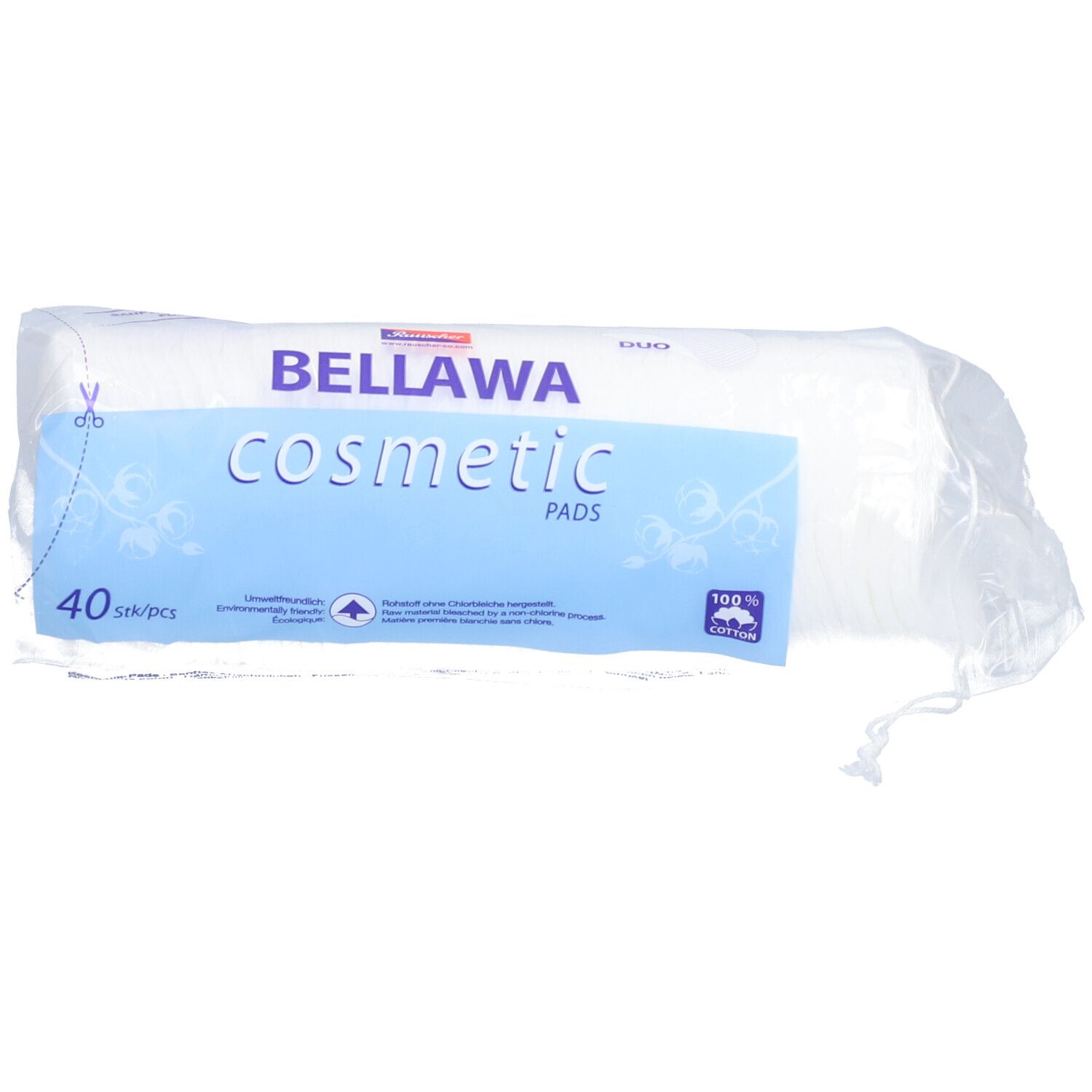 Verpackung Wattepads. Marke BELLAWA. Aufschrift "cosmetic PADS". 40 Stück. Verpackung aus transparentem Kunststoff.