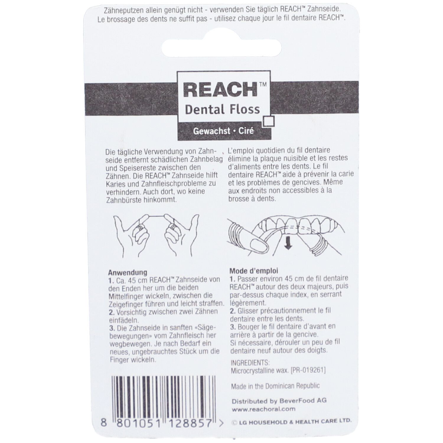 Rückseite der REACH™ Dental Floss Verpackung. Text in Deutsch und Französisch. Illustrationen zur Anwendung.
