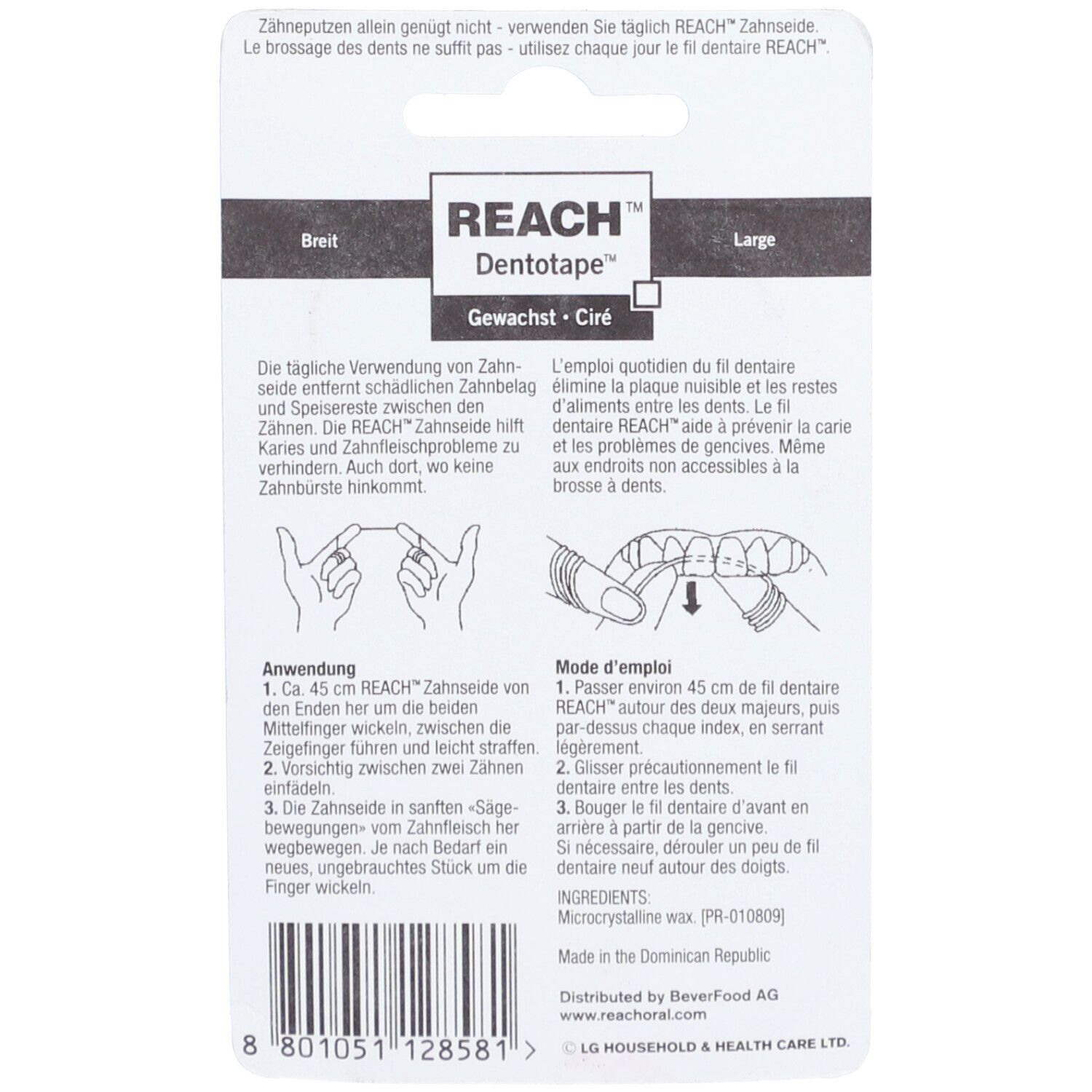 Rückseite der Verpackung. Text: REACH Dentotape. Illustrationen zur Anwendung. Text in Deutsch und Französisch. Inhaltsstoffe und Herstellerangaben.