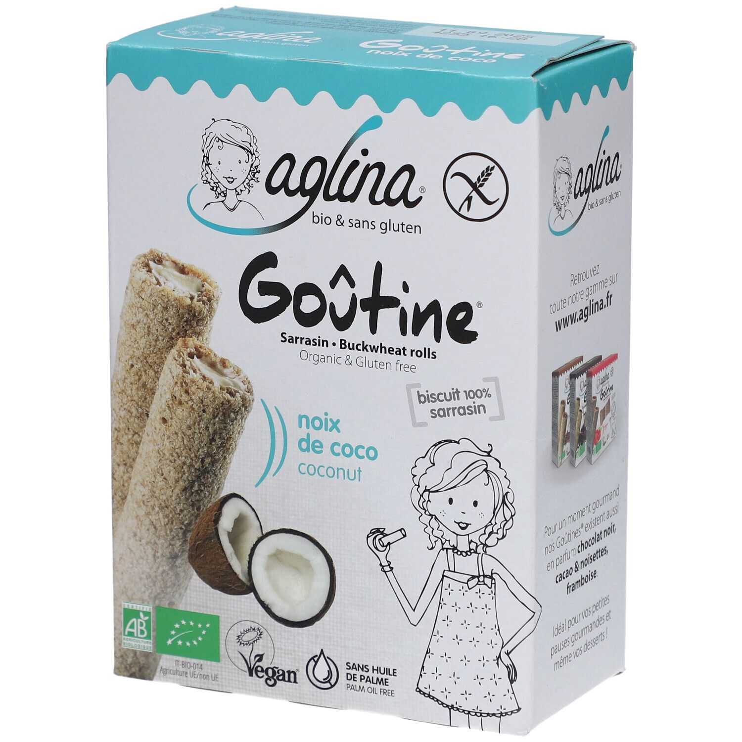 Verpackung mit aglina® Goûtine Buchweizen-Kokosnuss-Rollen. Bio & glutenfrei. Mit Kokosnuss-Abbildung und AB-Siegel.