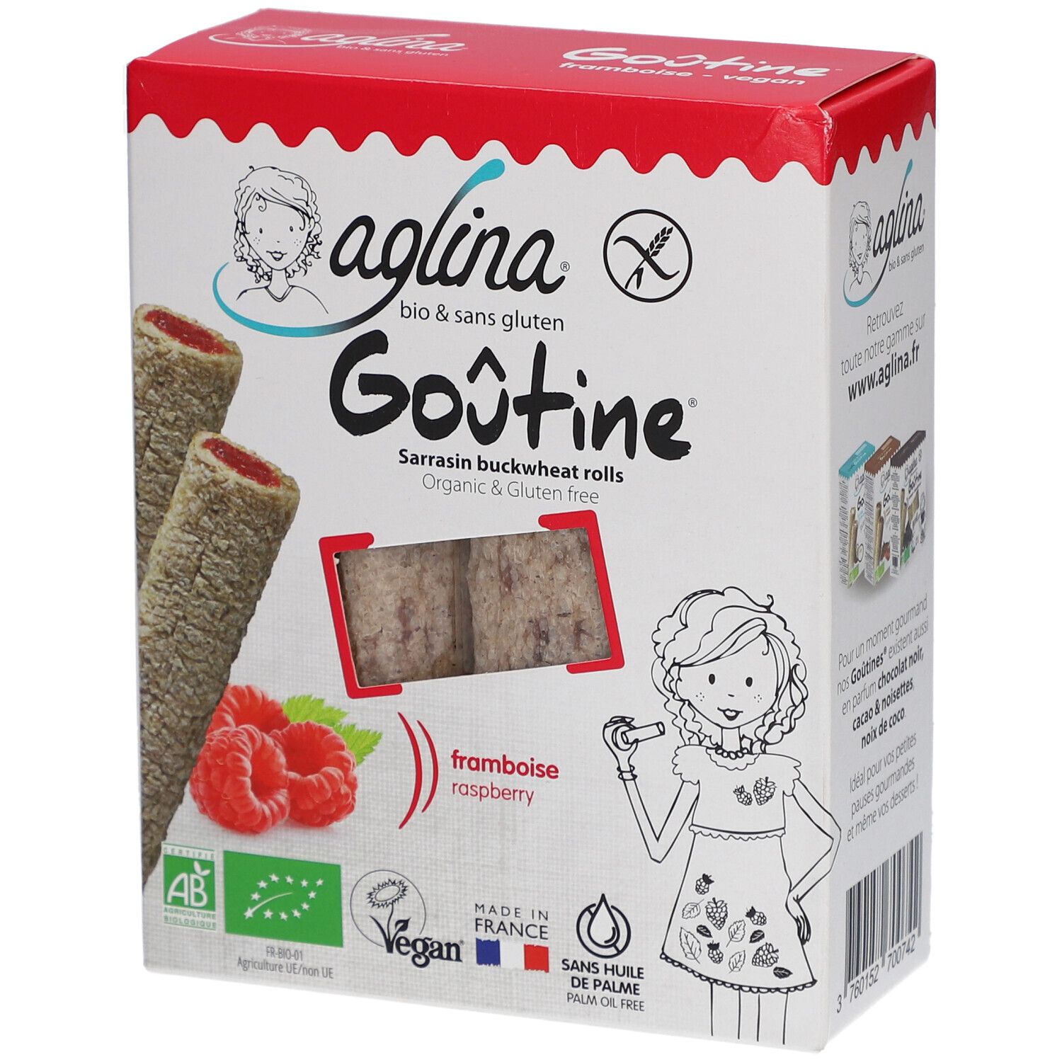 Verpackung von Aglina Goûtine Sarrasin Framboise Bio. Abbildung von Himbeeren und glutenfreien Rollen. Bio- und Vegan-Siegel.