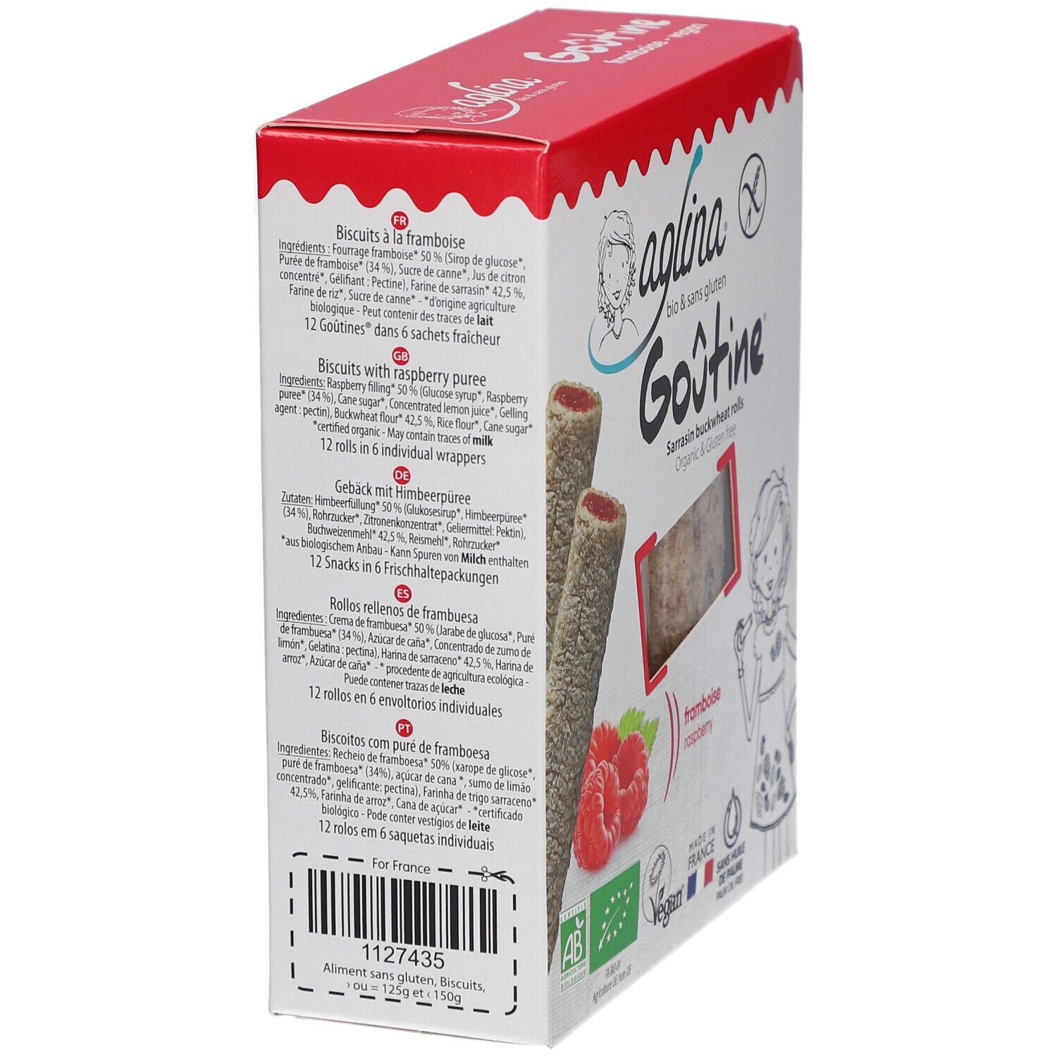 Aglina Goûtine Sarrasin Framboise Bio Verpackung. Seitenansicht mit Zutatenlisten in verschiedenen Sprachen. Glutenfrei.