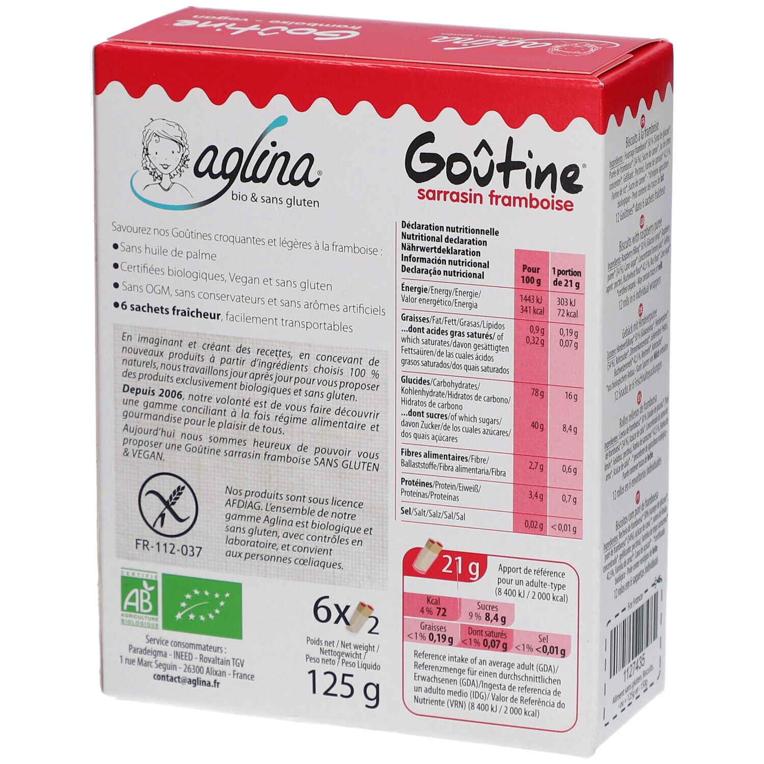 Aglina Goûtine Sarrasin Framboise Bio Verpackung. Rückseite mit Nährwertangaben und Text. Glutenfrei und vegan.