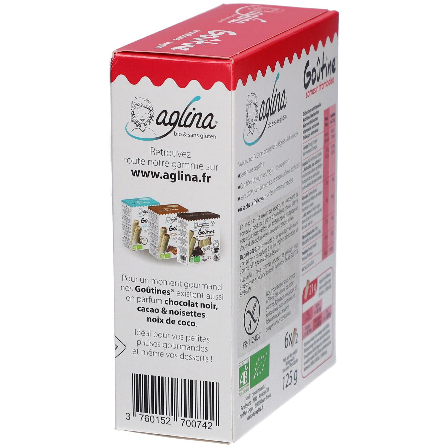 Aglina Goûtine Sarrasin Framboise Bio Verpackung. Seitenansicht mit Produktabbildungen und Text. Glutenfrei.