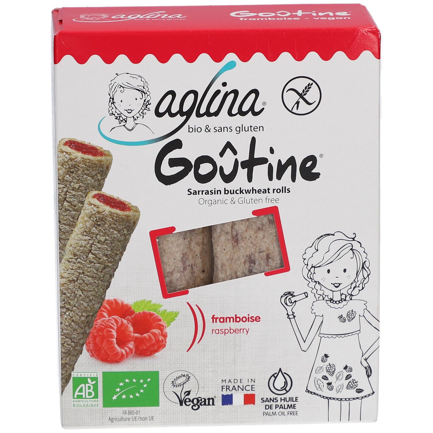 Aglina Goûtine Sarrasin Framboise Bio Verpackung. Vorderansicht mit Produktabbildung und Himbeeren. Glutenfrei.