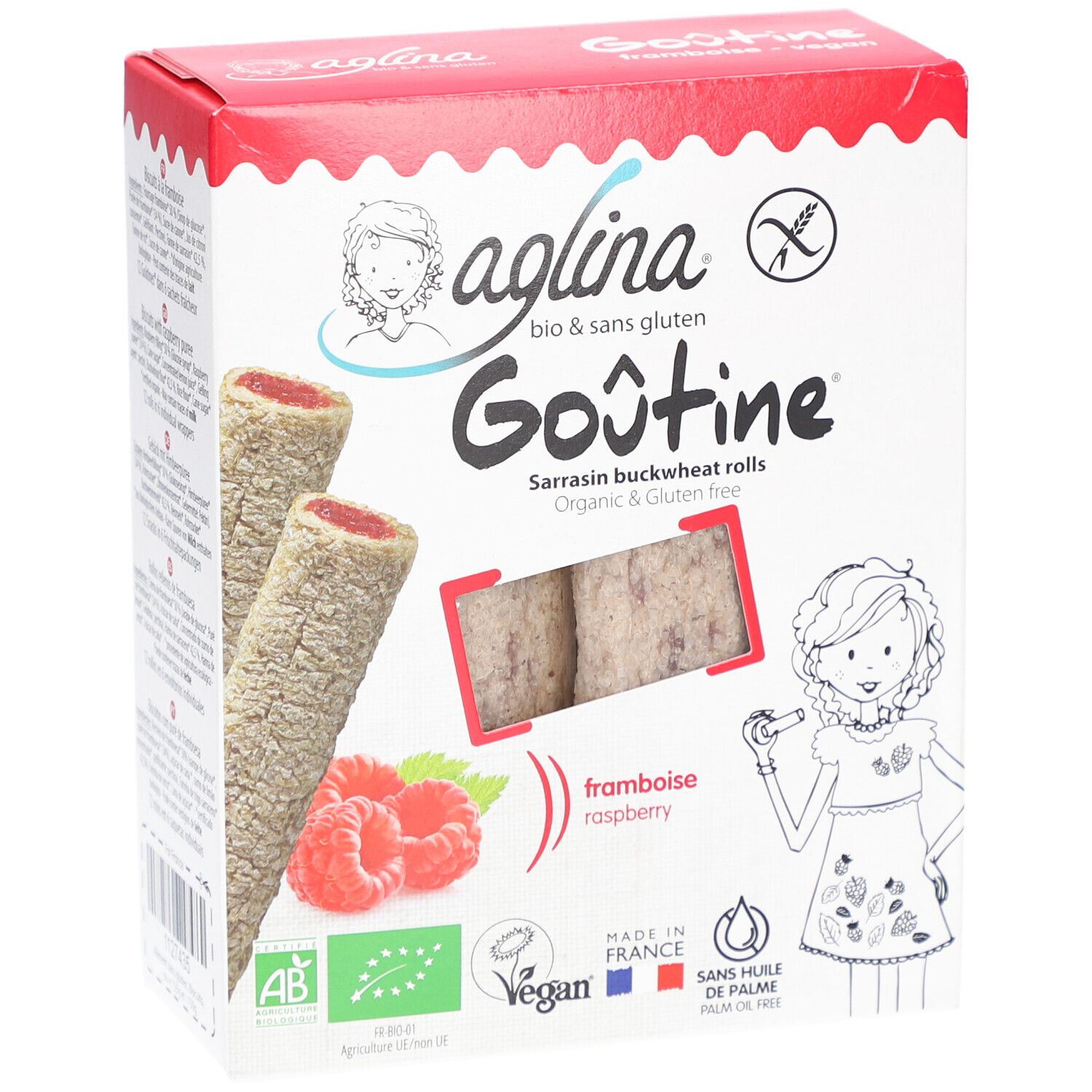 Aglina Goûtine Sarrasin Framboise Bio Verpackung. Vorderansicht mit Produktabbildung und Himbeeren. Glutenfrei.