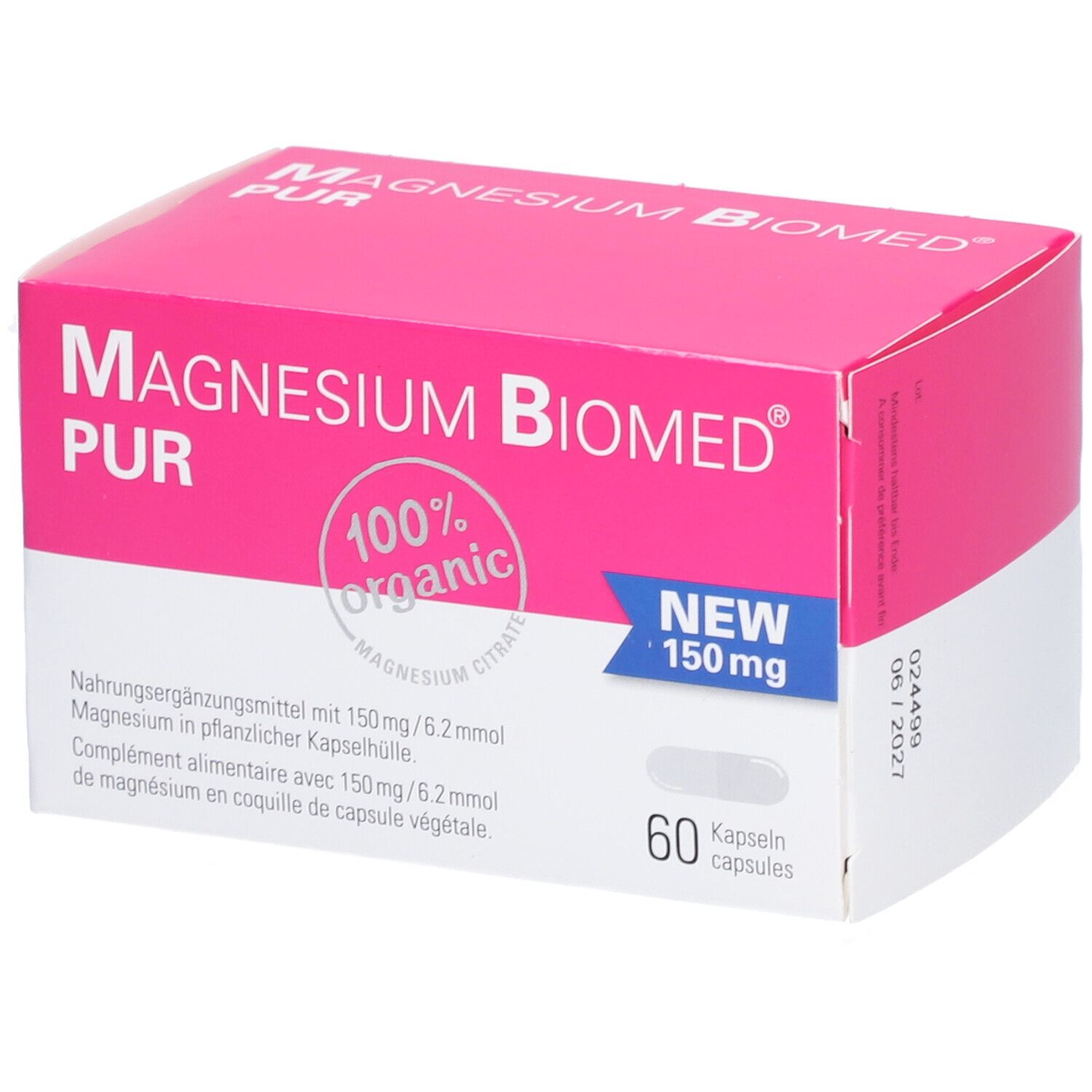 Magnesium Biomed PUR-Verpackung. Rosa-weiße Schachtel mit Produktnamen und 150 mg-Angabe. 60 Kapseln. Aufschrift: 100% organic.