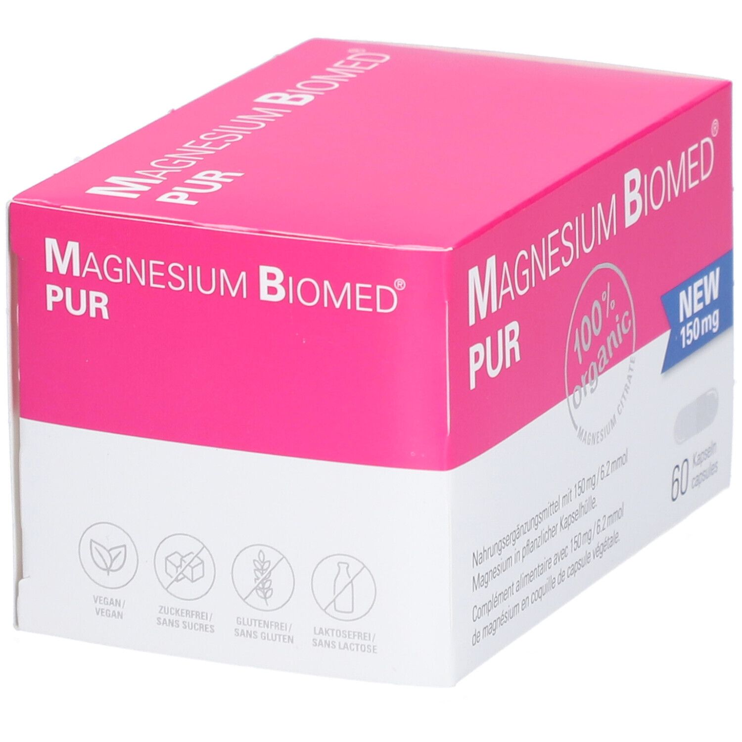 Magnesium Biomed PUR-Verpackung. Rosa-weiße Schachtel mit Produktnamen. Vegan, zuckerfrei, glutenfrei, laktosefrei. 60 Kapseln.