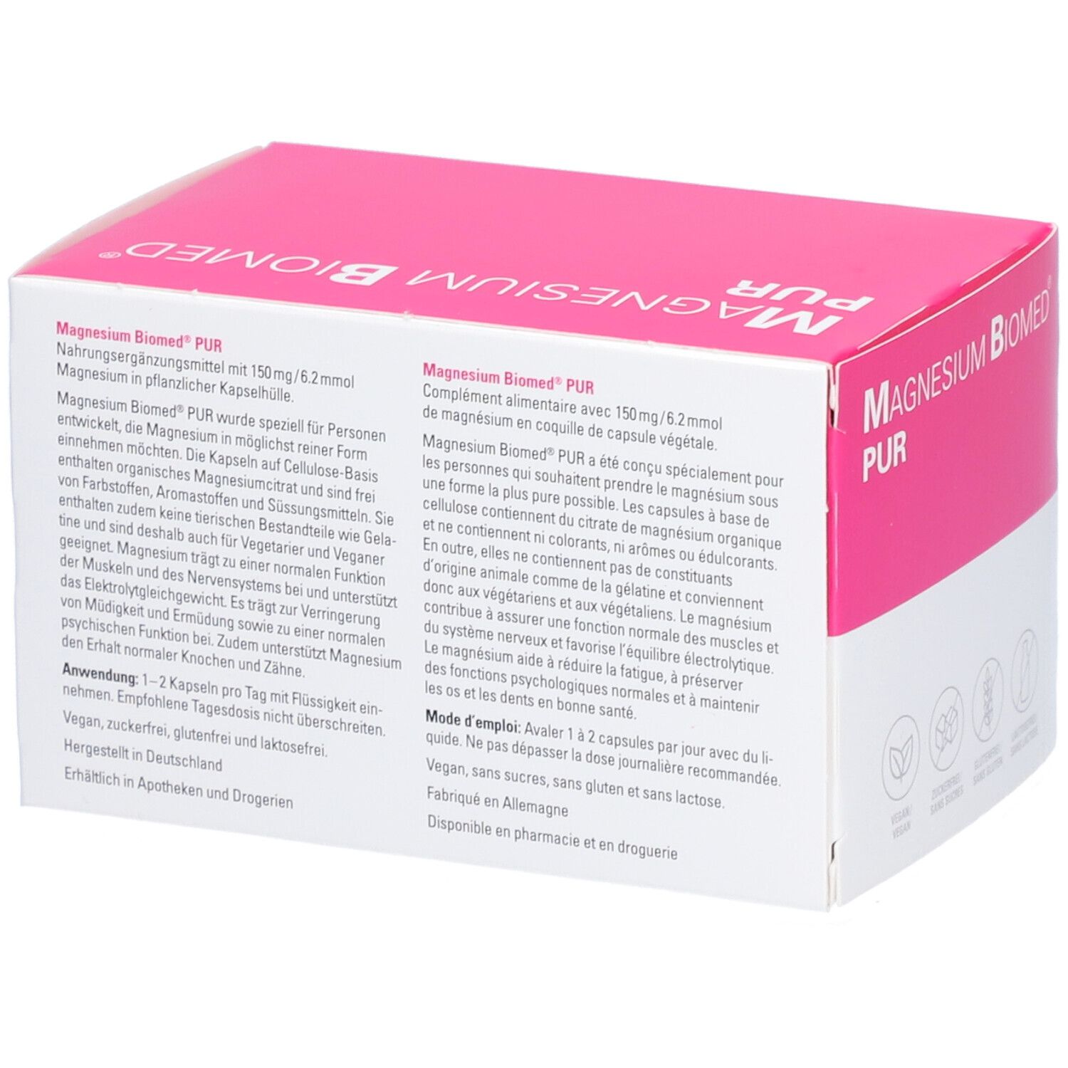 Rückseite der Magnesium Biomed PUR-Verpackung. Textinformationen in Deutsch und Französisch. Vegan, zuckerfrei, glutenfrei, laktosefrei.