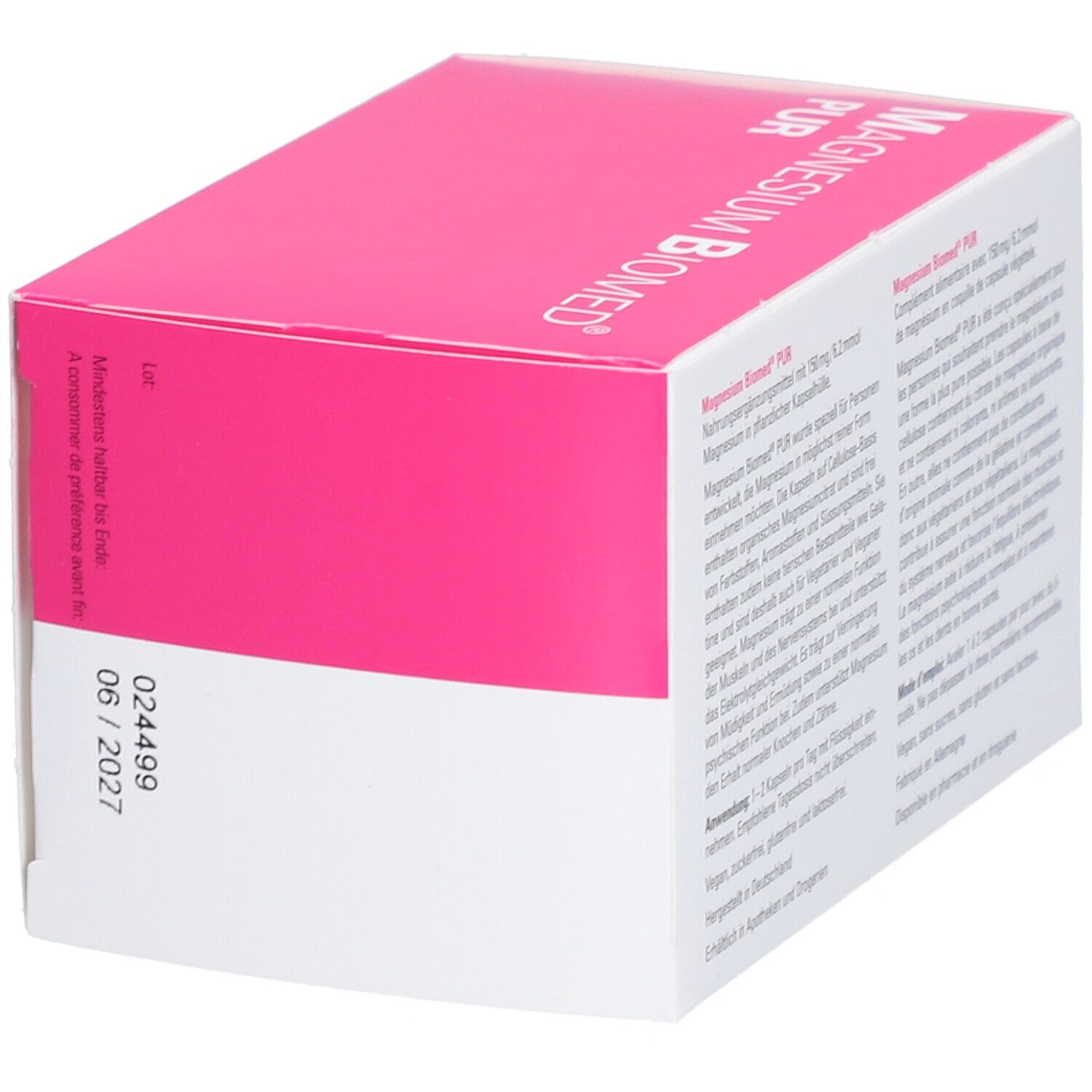 Seite der Magnesium Biomed PUR-Verpackung. Textinformationen, Mindesthaltbarkeitsdatum 06/2027. Hergestellt in Deutschland.