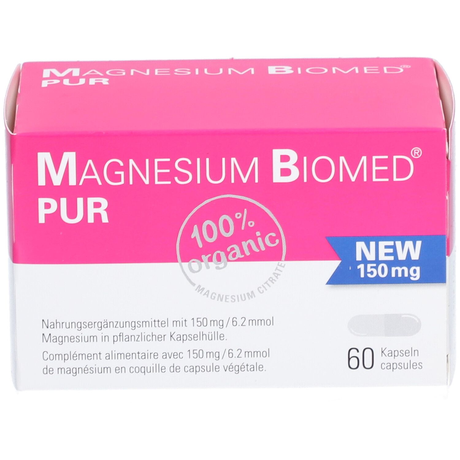 Magnesium Biomed PUR-Verpackung. Rosa-weiße Schachtel mit Produktnamen und 150 mg-Angabe. 60 Kapseln. Aufschrift: 100% organic.