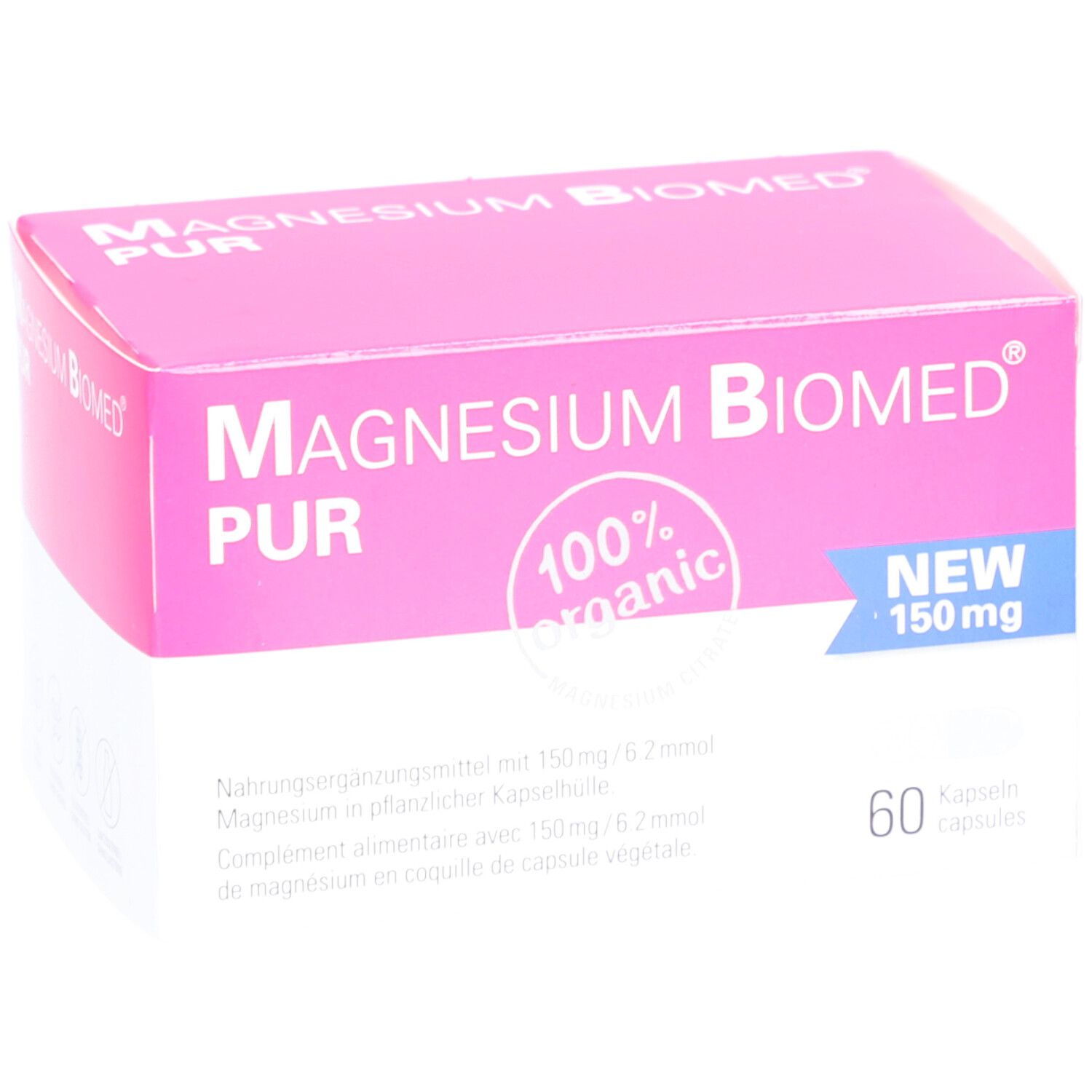 Magnesium Biomed PUR-Verpackung. Rosa-weiße Schachtel mit Produktnamen und 150 mg-Angabe. 60 Kapseln. Aufschrift: 100% organic.