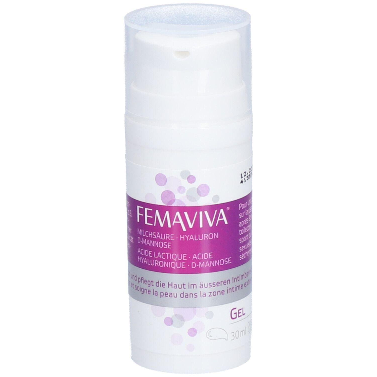 Weißer Spender mit FEMAVIVA-Etikett. Enthält Milchsäure, Hyaluron und D-Mannose. Gel für die äußere Intimzone.