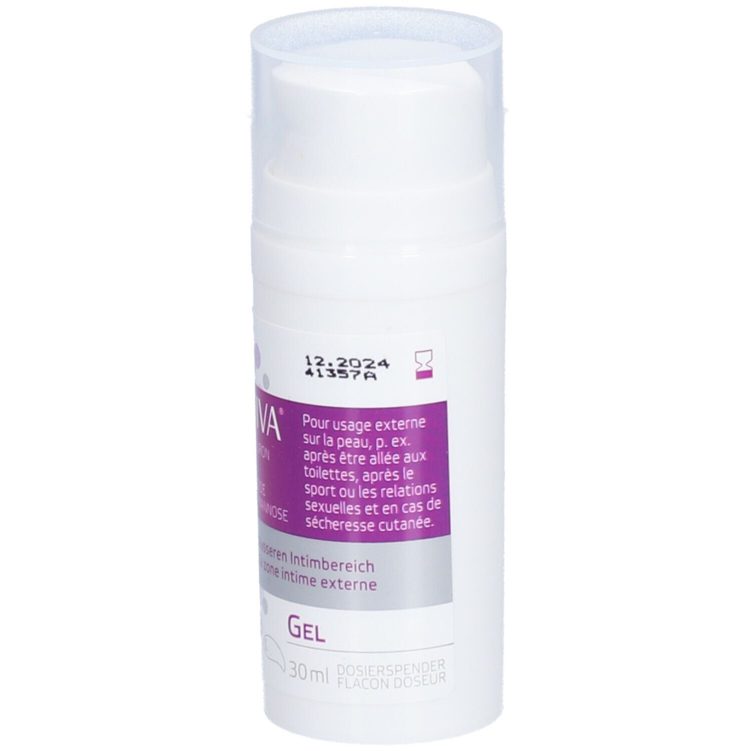 Weißer Spender mit FEMAVIVA-Etikett. Enthält Milchsäure, Hyaluron und D-Mannose. Gel für die äußere Intimzone.