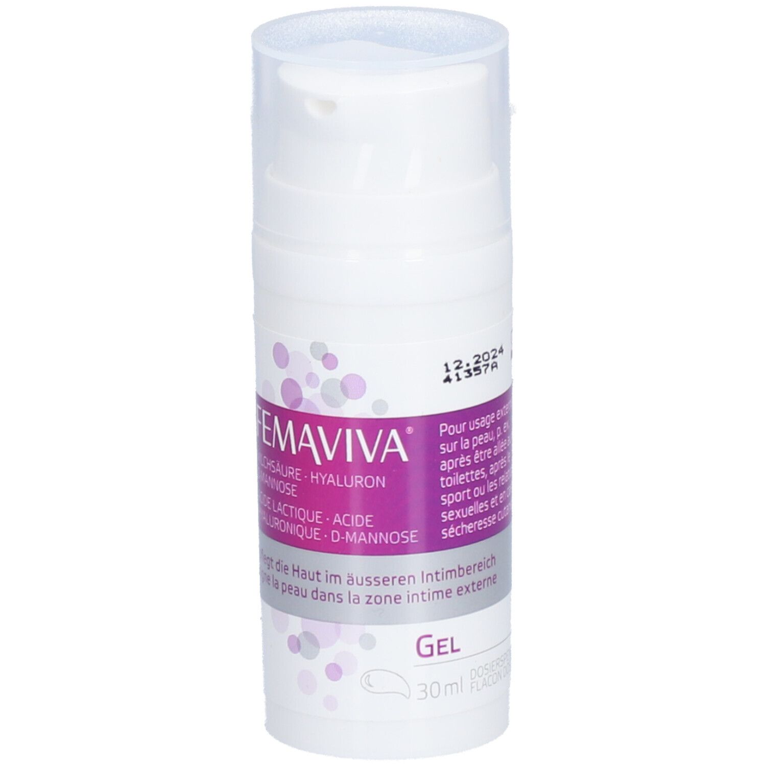 Weißer Spender mit FEMAVIVA-Etikett. Enthält Milchsäure, Hyaluron und D-Mannose. Gel für die äußere Intimzone.