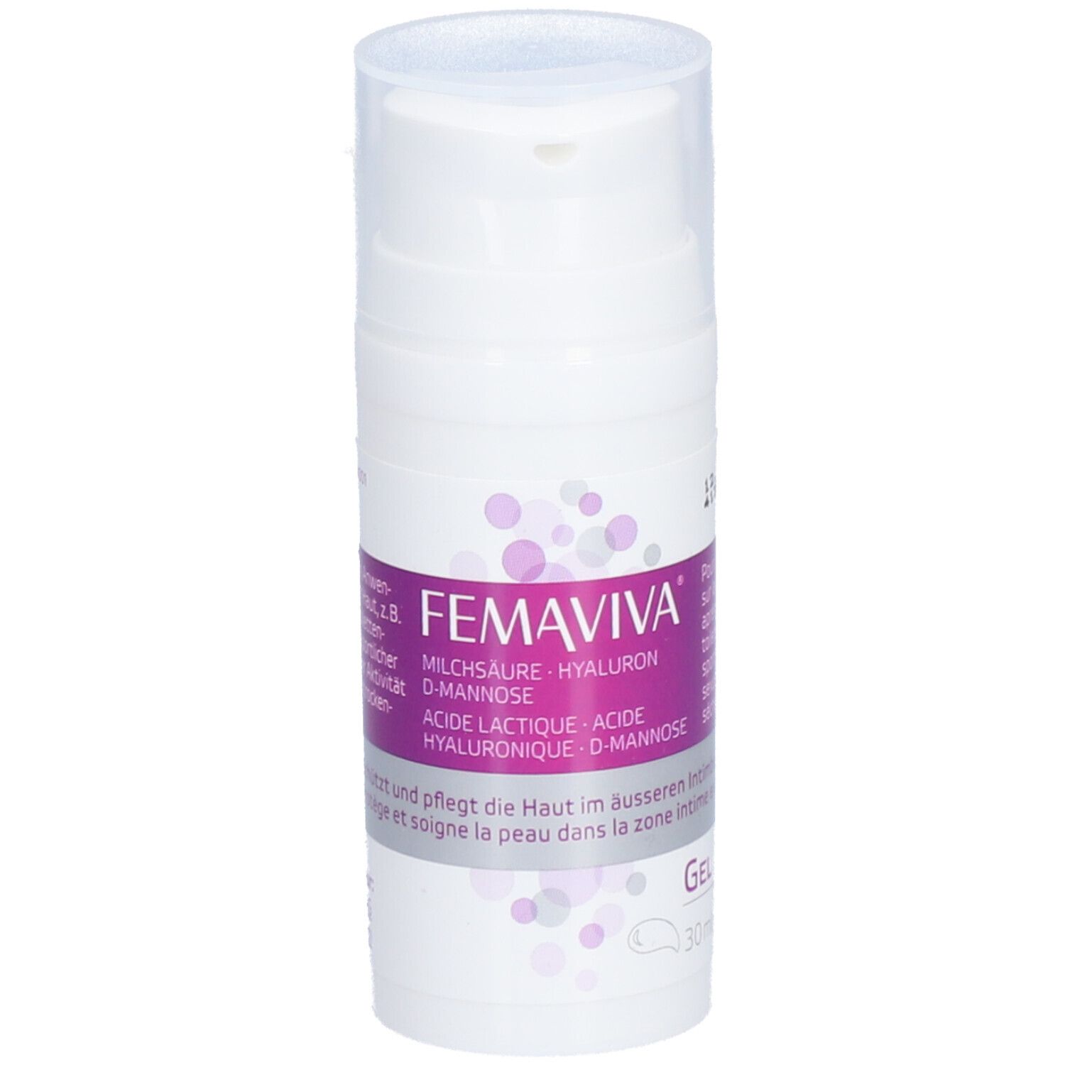 Weißer Spender mit FEMAVIVA-Etikett. Enthält Milchsäure, Hyaluron und D-Mannose. Gel für die äußere Intimzone.