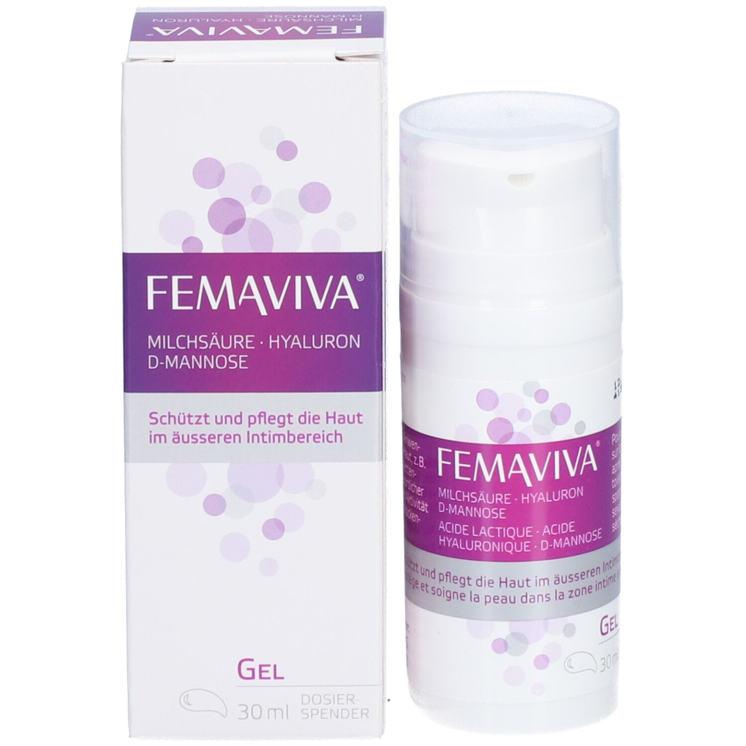FEMAVIVA Gel-Spender und Verpackung. Enthält Milchsäure, Hyaluron und D-Mannose. Gel für die äußere Intimzone.