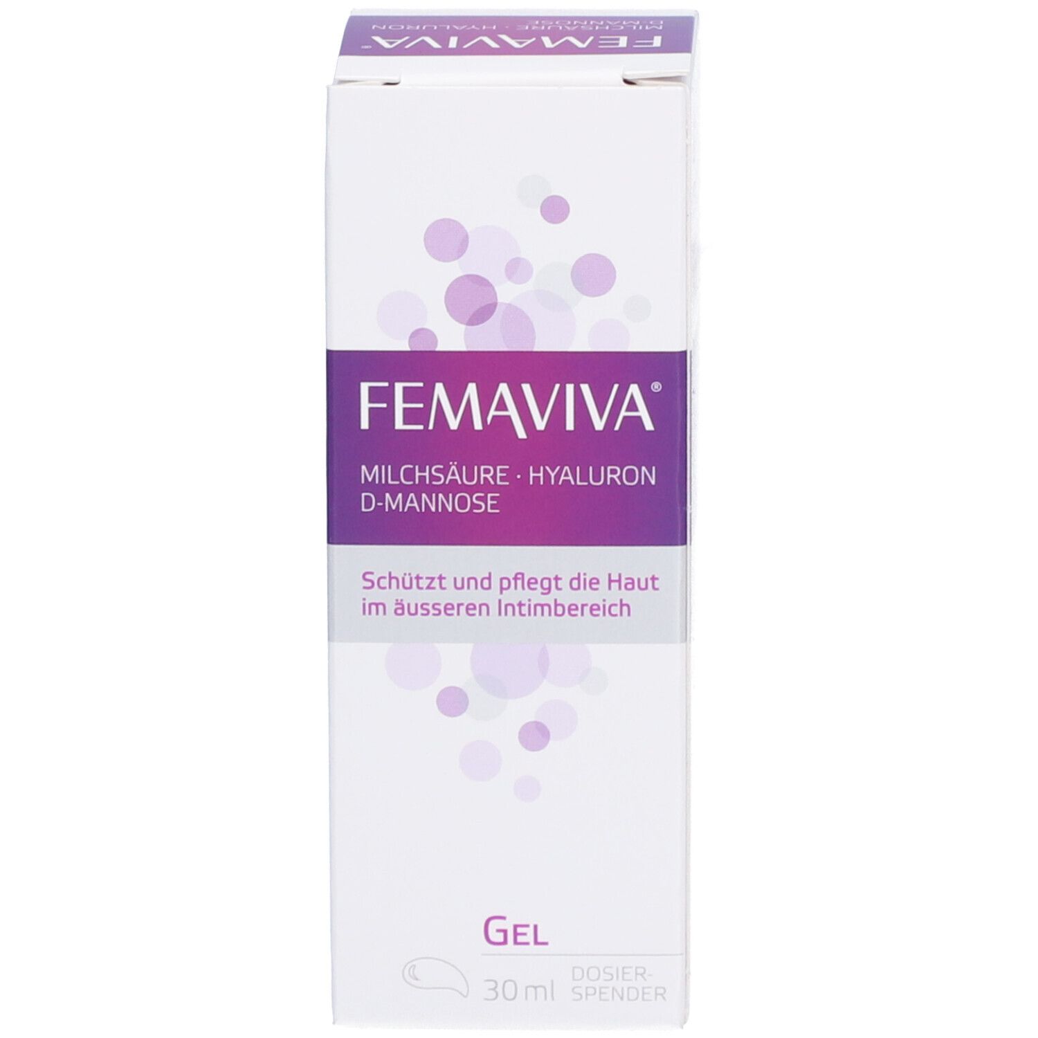 FEMAVIVA Gel-Verpackung. Enthält Milchsäure, Hyaluron und D-Mannose. Gel für die äußere Intimzone.