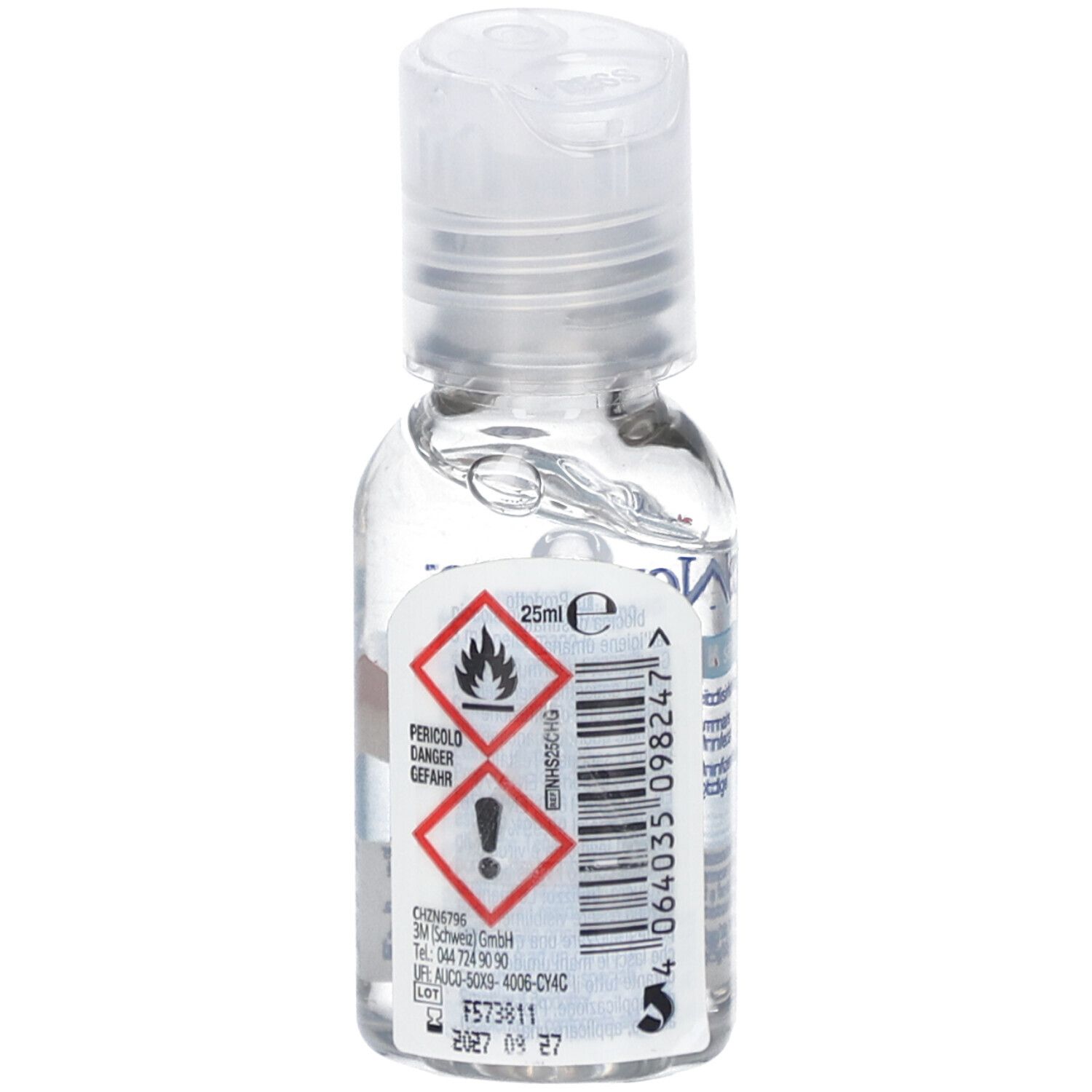 Transparente Flasche mit Klappverschluss. Etikett mit Gefahrensymbolen, Produktinformationen und Barcode.