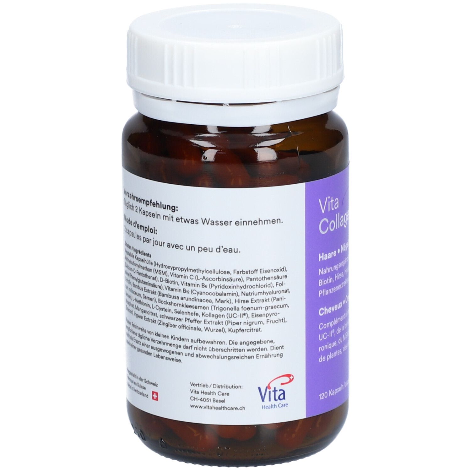 Rückseite einer Flasche mit braunen Kapseln und weißem Deckel. Text: Vita Collagen Hair & Nails. 120 Kapseln.
