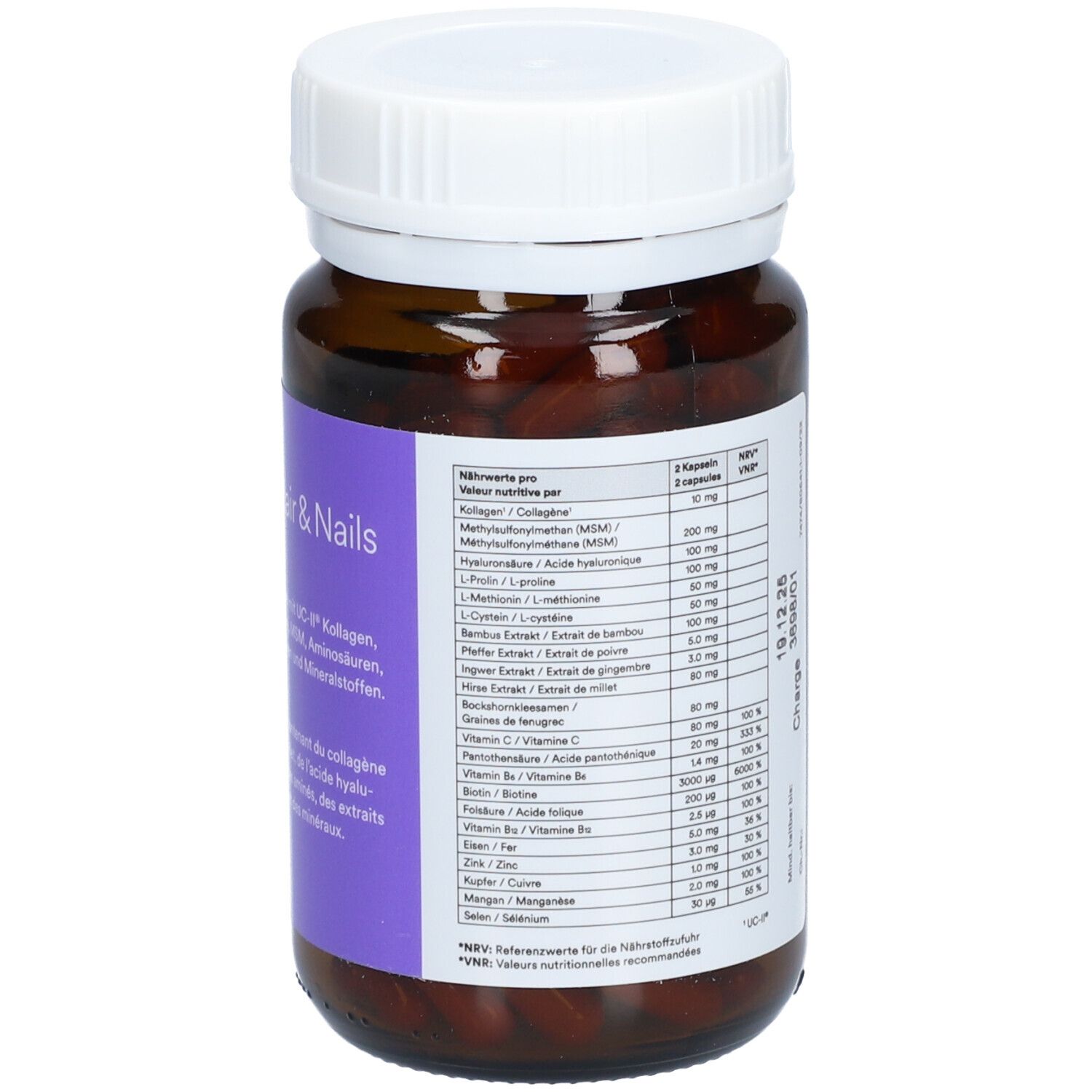 Rückseite einer Flasche mit braunen Kapseln und weißem Deckel. Text: Nährwerte pro 2 Kapseln. Vita Collagen Hair & Nails.
