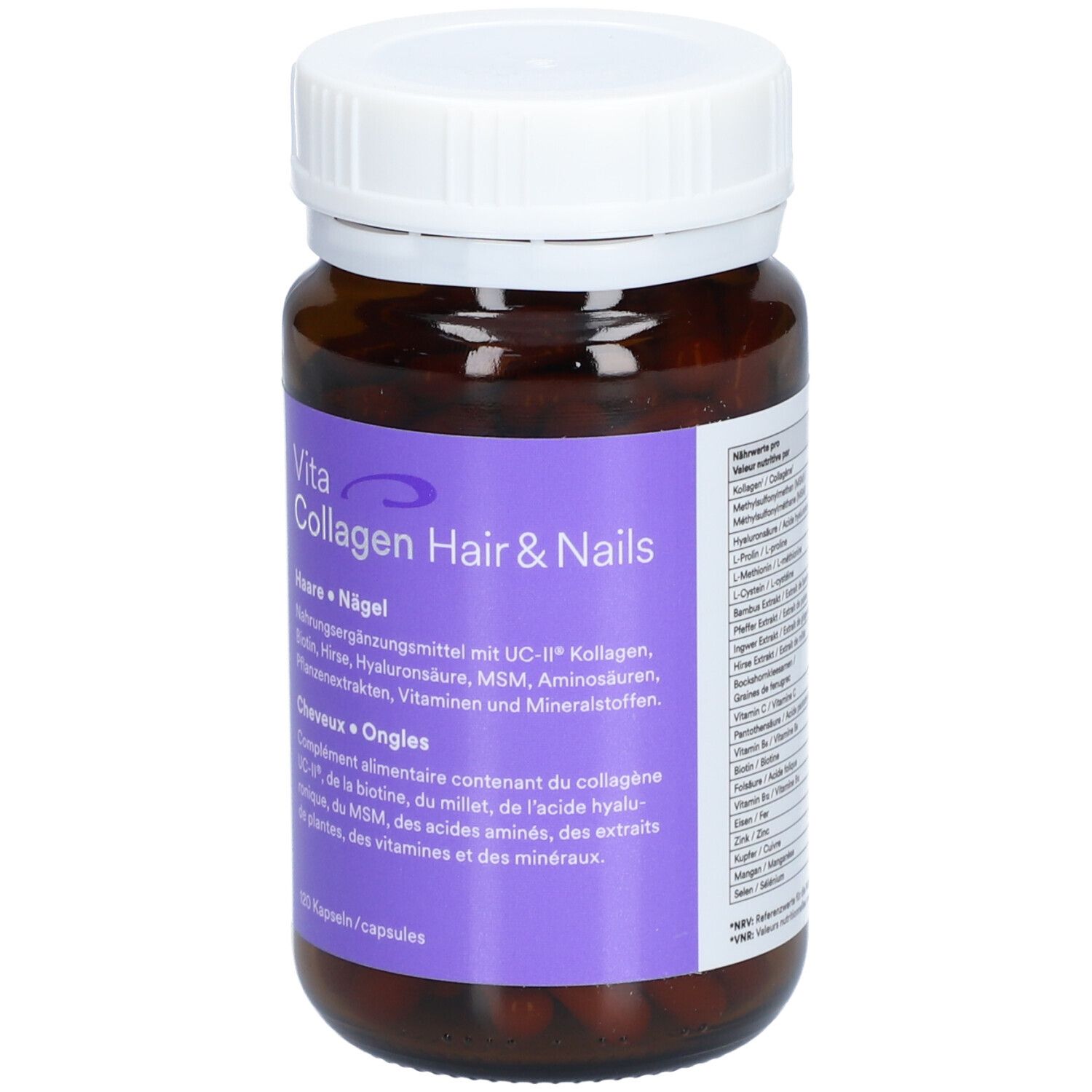 Braune Kapseln in einer Flasche mit weißem Deckel. Aufschrift: Vita Collagen Hair & Nails. 120 Kapseln.