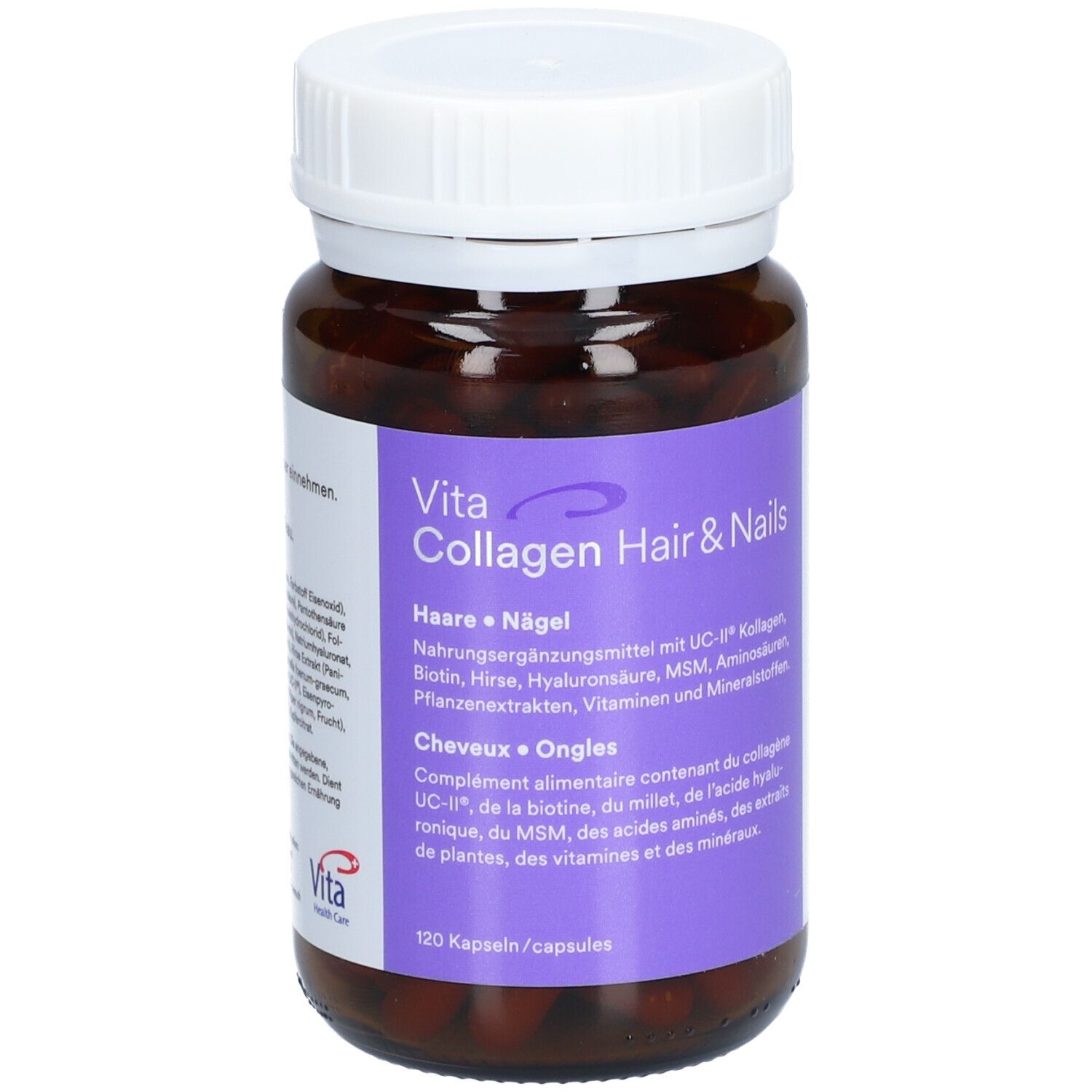 Braune Kapseln in einer Flasche mit weißem Deckel. Aufschrift: Vita Collagen Hair & Nails. 120 Kapseln.